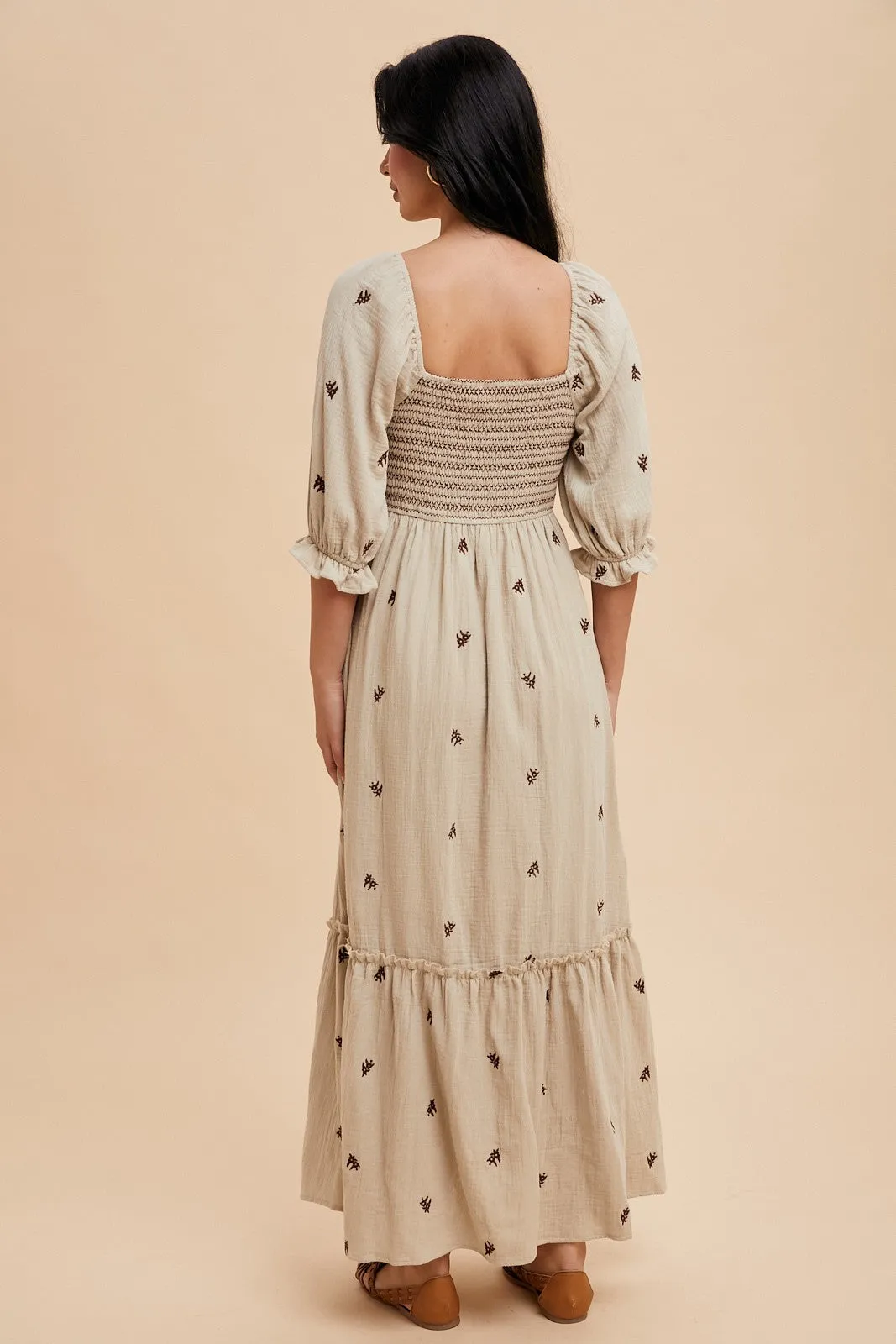 Taupe Gauze Smocked Embroidered Square Neck Midi Dress sold by Pinkblush product image thumbnail 3