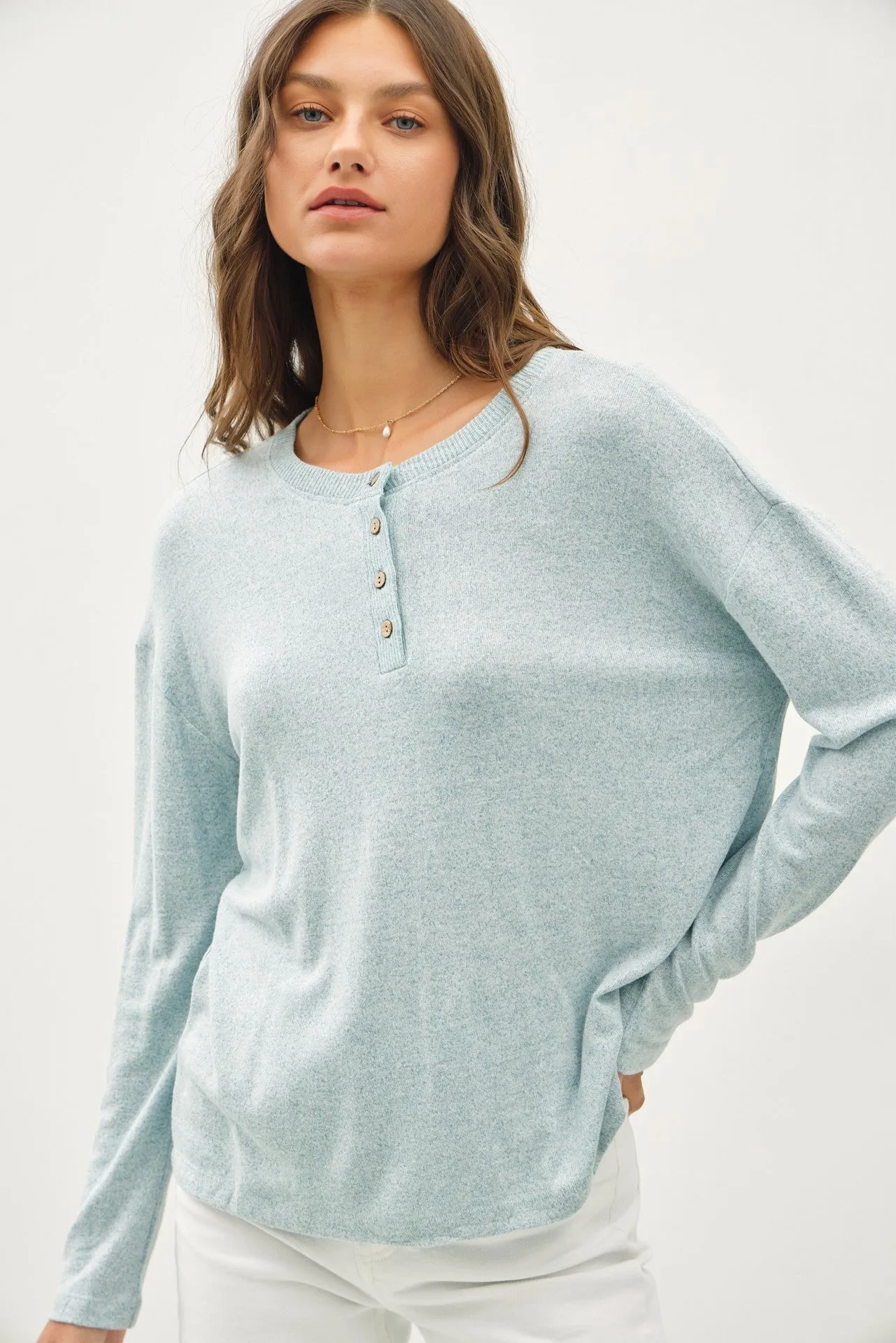 Light Blue Brushed Knit Henley Top sold by Pinkblush product image thumbnail 2