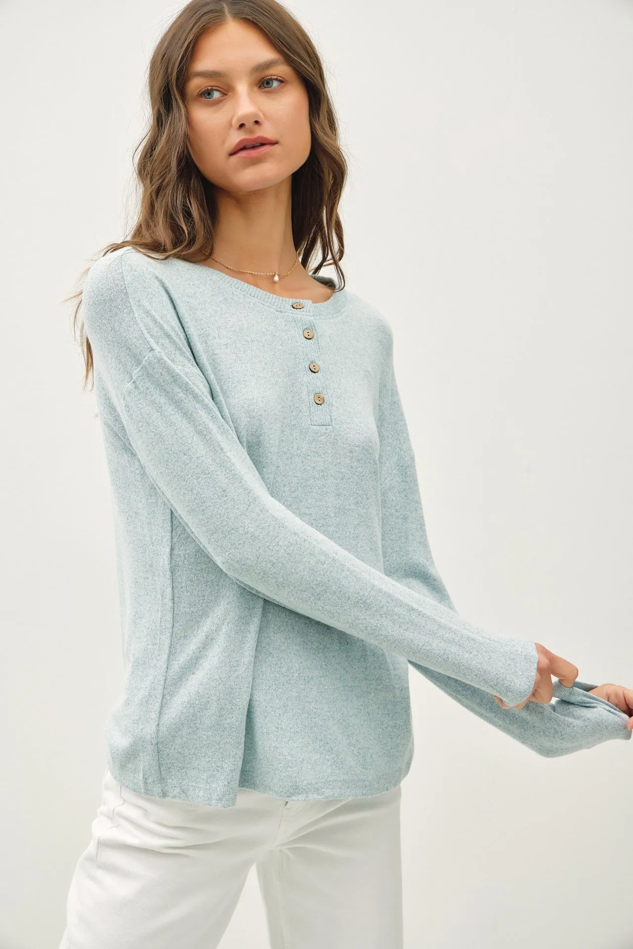 Light Blue Brushed Knit Henley Top sold by Pinkblush
