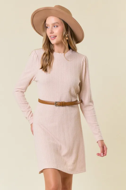 Cream Textured Knit Ruffle Neck Long Sleeve Mini Dress sold by Pinkblush