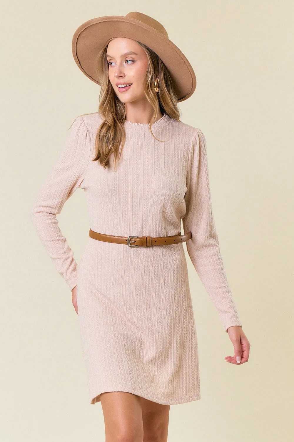 Cream Textured Knit Ruffle Neck Long Sleeve Mini Dress sold by Pinkblush