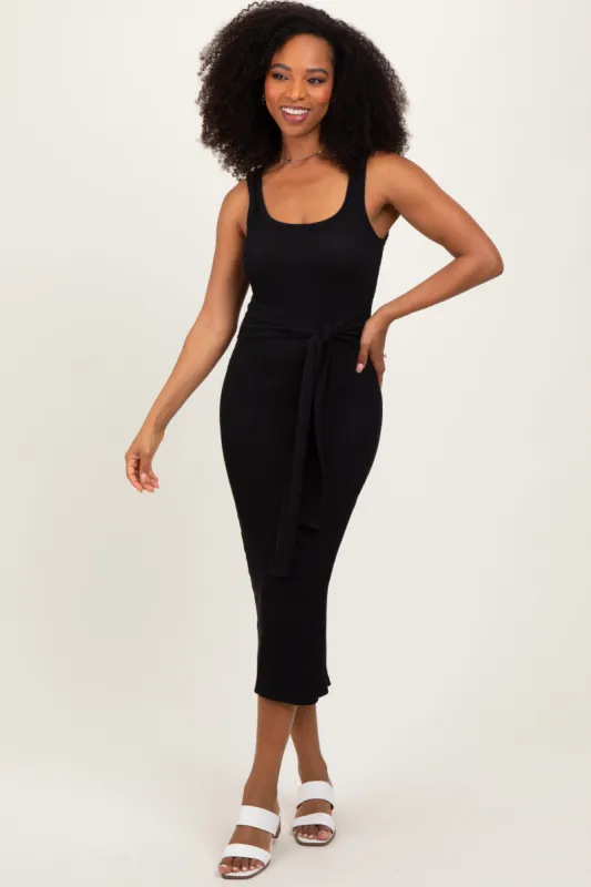 Black Ribbed Front Tie Sleeveless Midi Dress sold by Pinkblush
