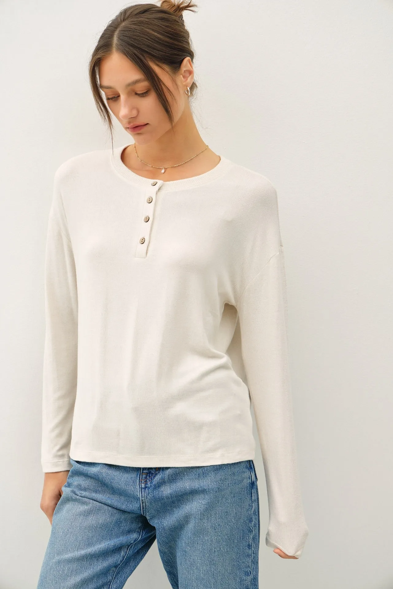 Cream Brushed Knit Henley Top sold by Pinkblush product image thumbnail 2