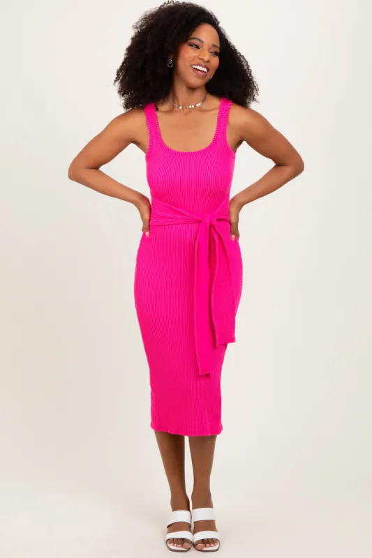 Fuchsia Ribbed Front Tie Sleeveless Midi Dress sold by Pinkblush