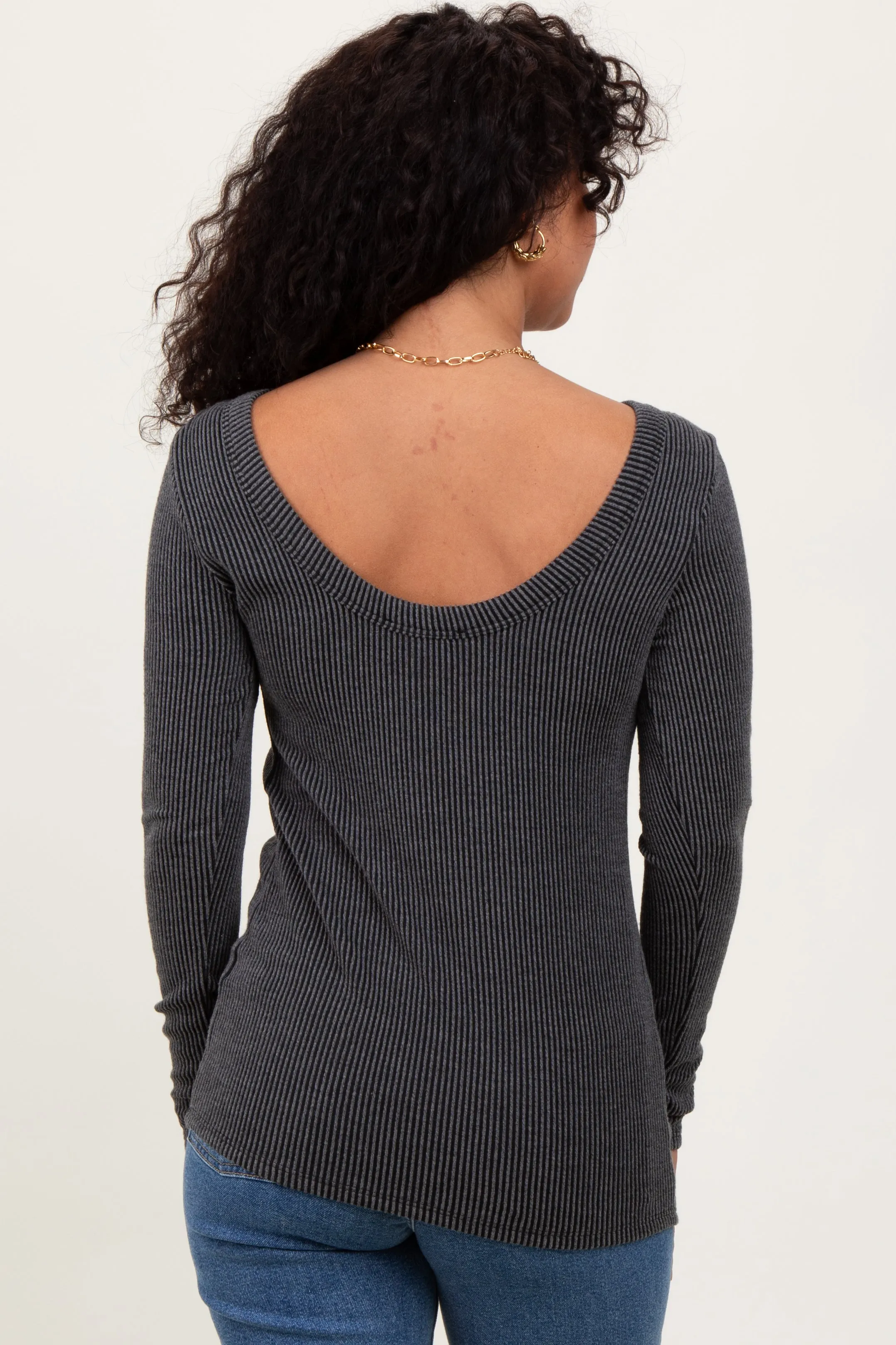 Charcoal Ribbed Scoop Neck Long Sleeve Top sold by Pinkblush product image thumbnail 4