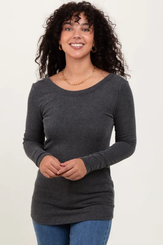 Charcoal Ribbed Scoop Neck Long Sleeve Top sold by Pinkblush