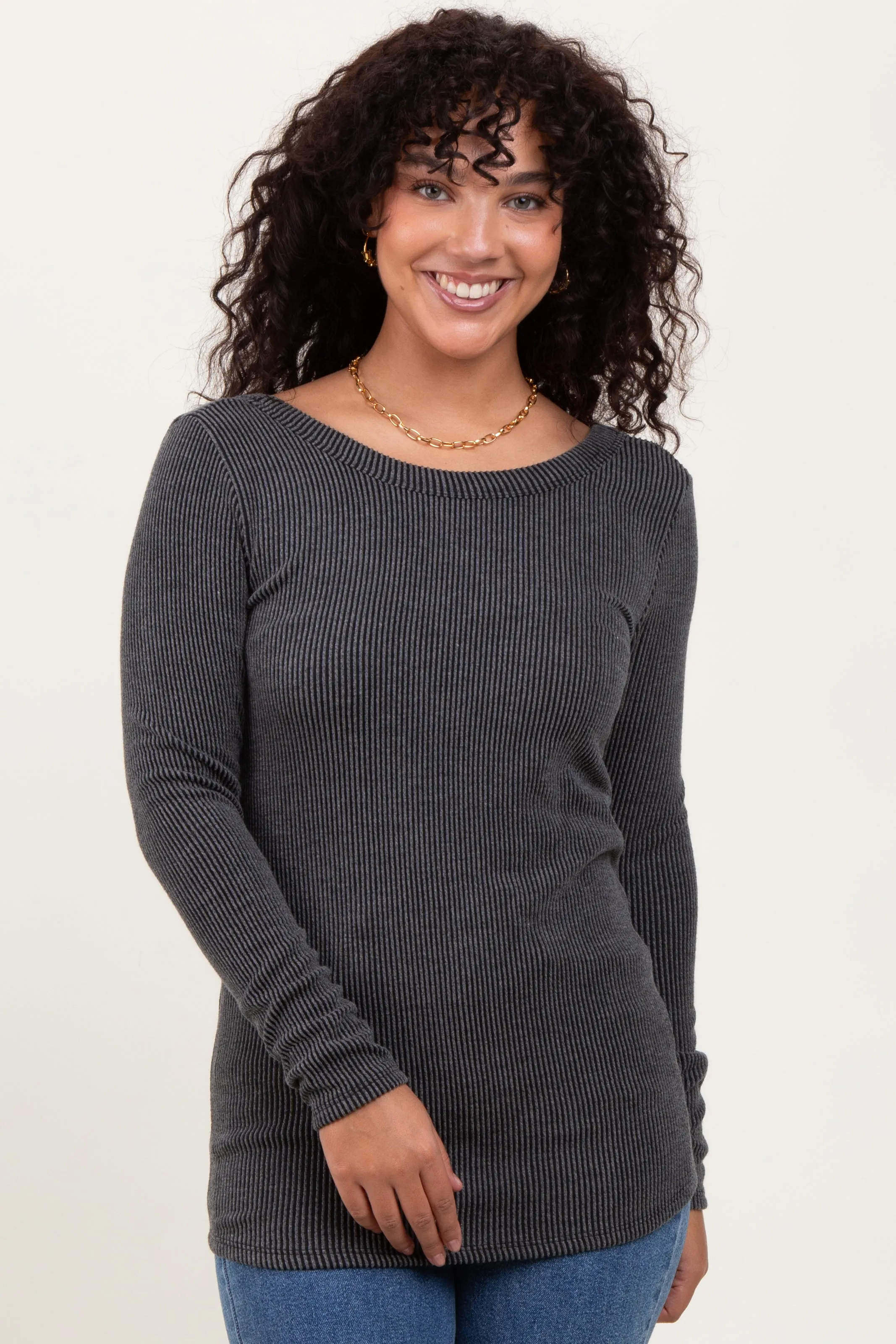 Charcoal Ribbed Scoop Neck Long Sleeve Top sold by Pinkblush product image thumbnail 2