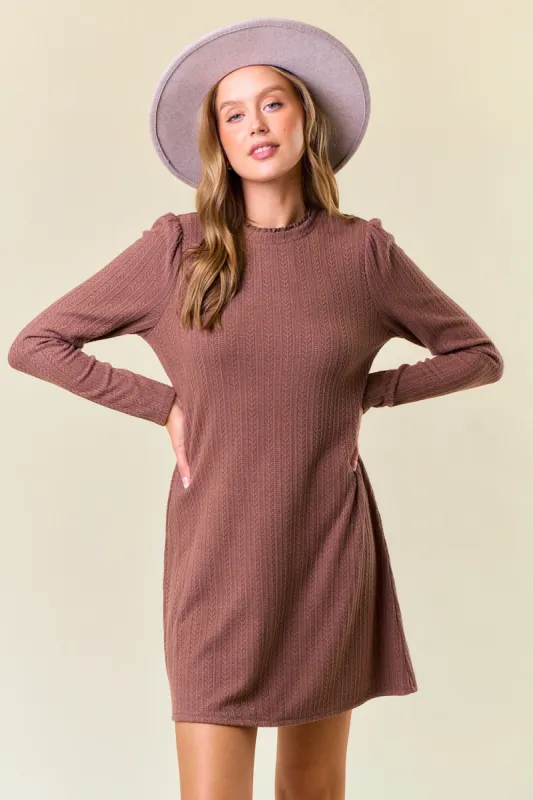 Mocha Textured Knit Ruffle Neck Long Sleeve Mini Dress sold by Pinkblush