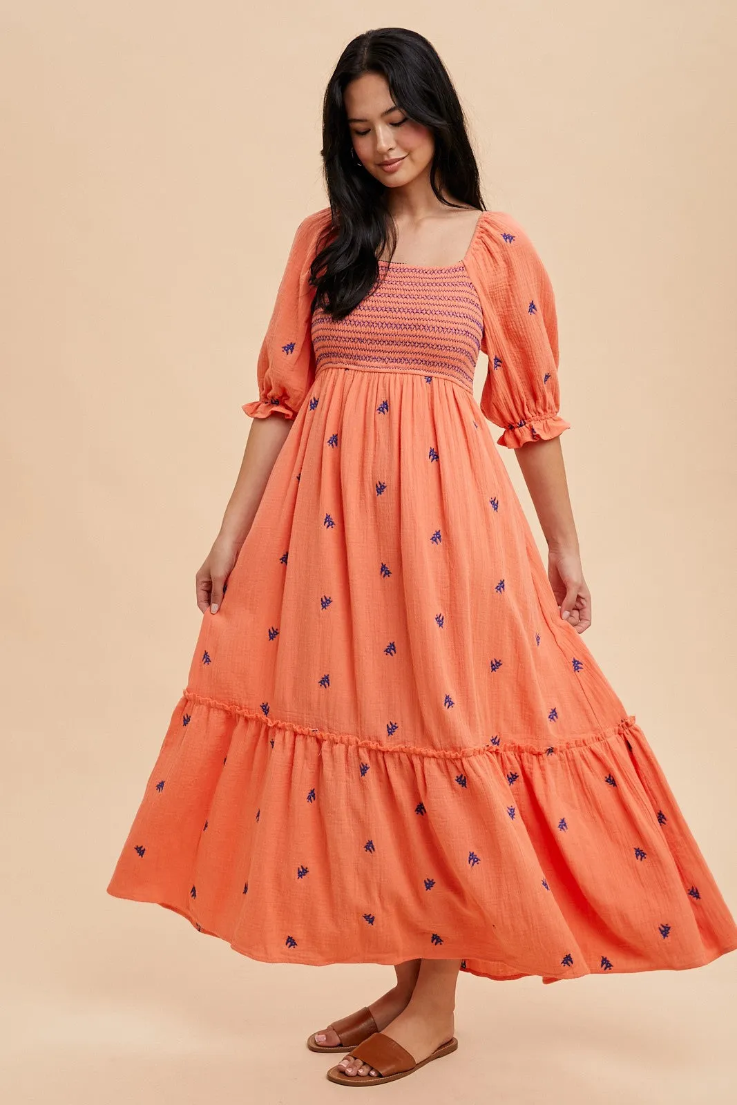 Coral Gauze Smocked Embroidered Square Neck Midi Dress sold by Pinkblush product image thumbnail 2