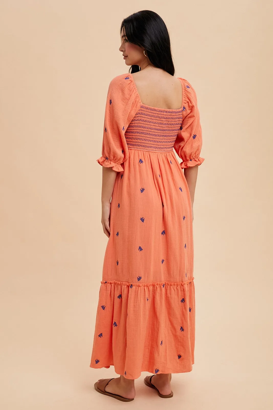 Coral Gauze Smocked Embroidered Square Neck Midi Dress sold by Pinkblush product image thumbnail 3