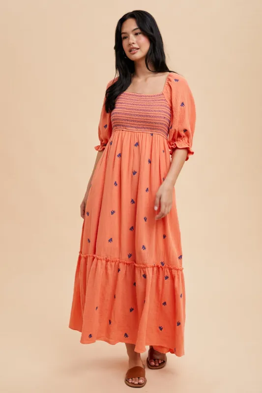 Coral Gauze Smocked Embroidered Square Neck Midi Dress sold by Pinkblush