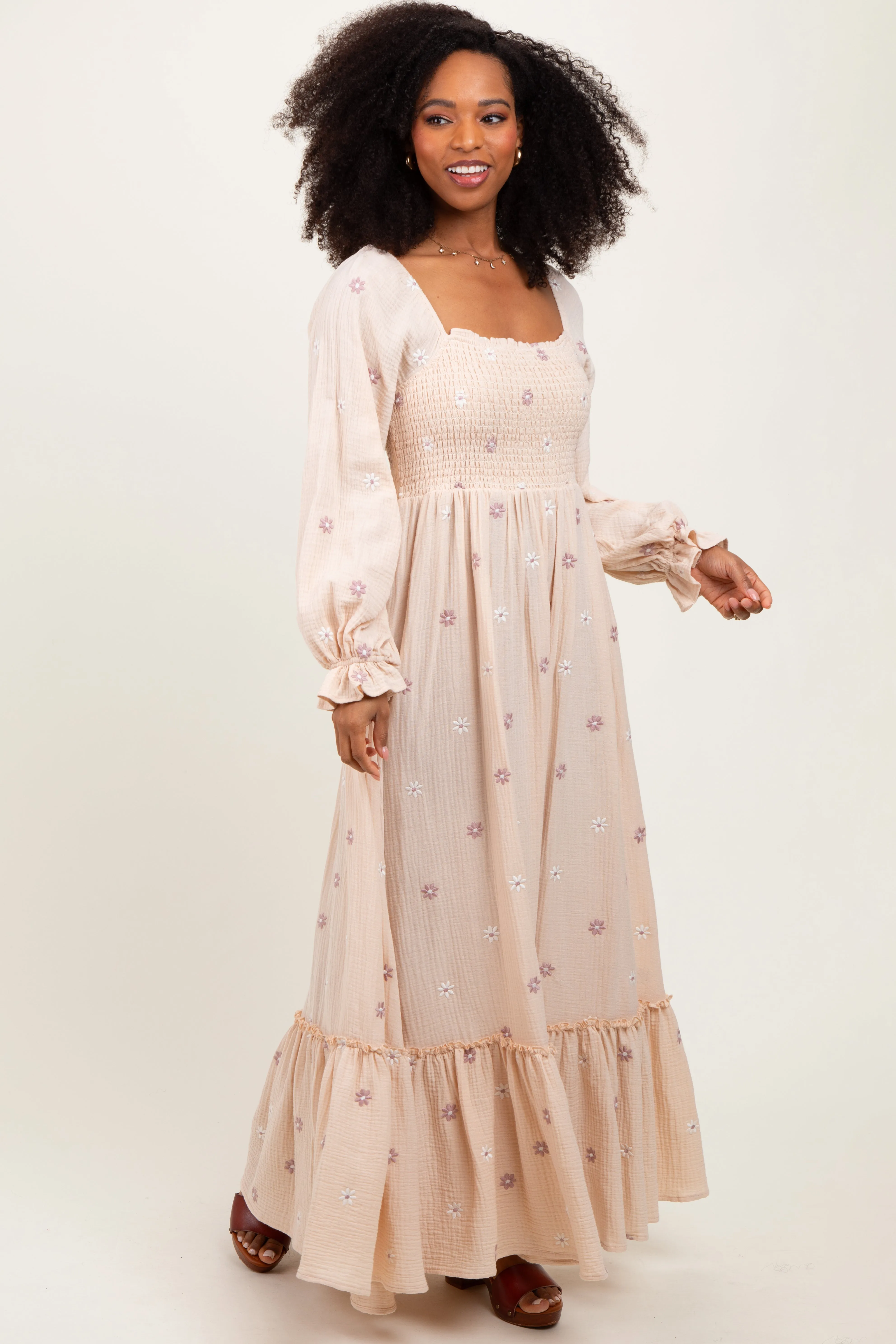 Cream Long Sleeve Floral Accent Dress sold by Pinkblush product image thumbnail 2
