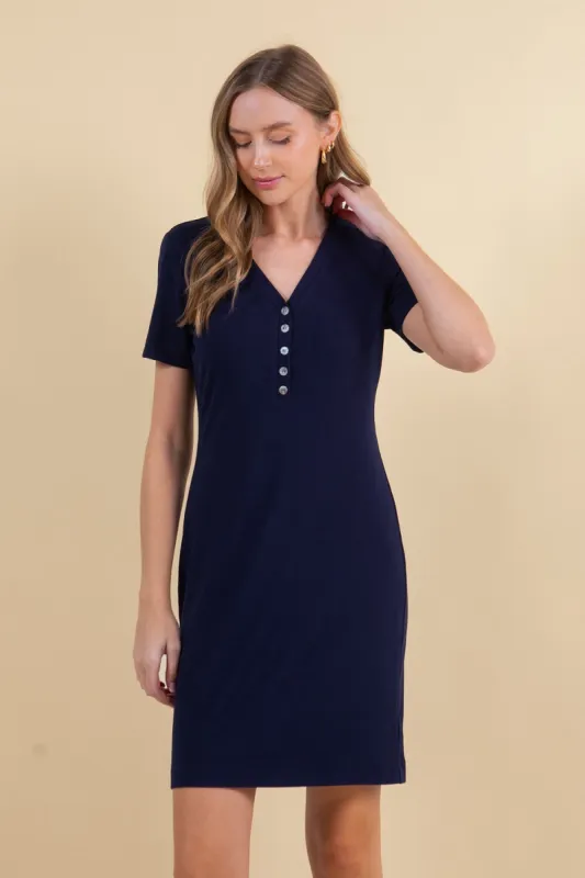 Navy Ribbed Short Sleeve Henley Dress sold by Pinkblush
