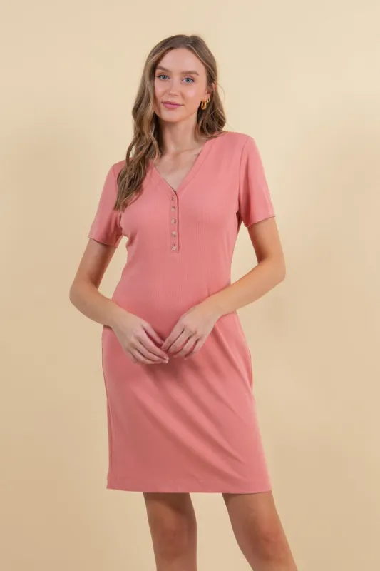 Mauve Ribbed Short Sleeve Henley Dress sold by Pinkblush