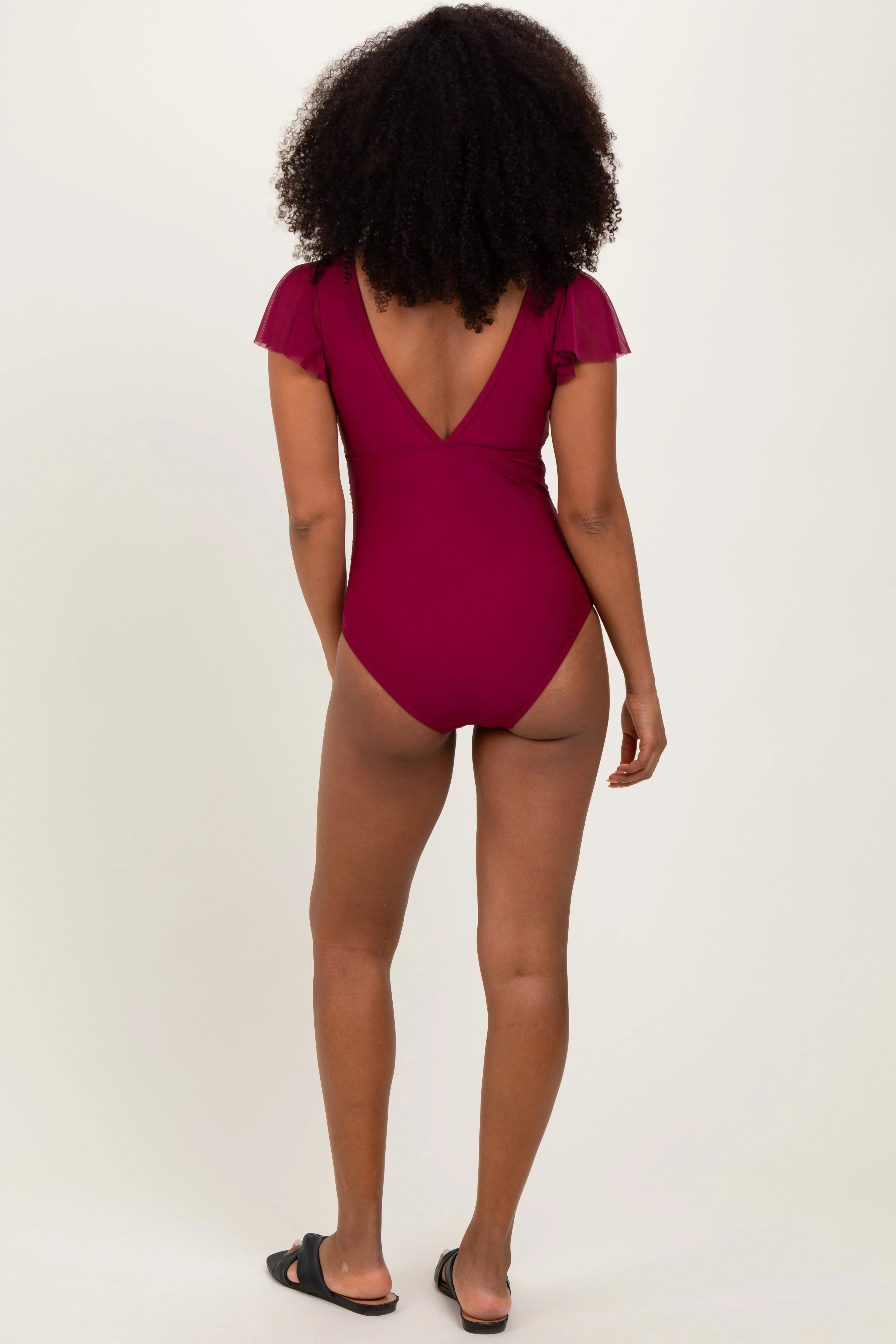 Burgundy Crochet Detail Ruched One Piece Swimsuit sold by Pinkblush product image thumbnail 4