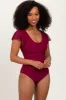 Burgundy Crochet Detail Ruched One Piece Swimsuit sold by Pinkblush