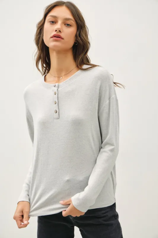 Light Grey Brushed Knit Henley Top sold by Pinkblush