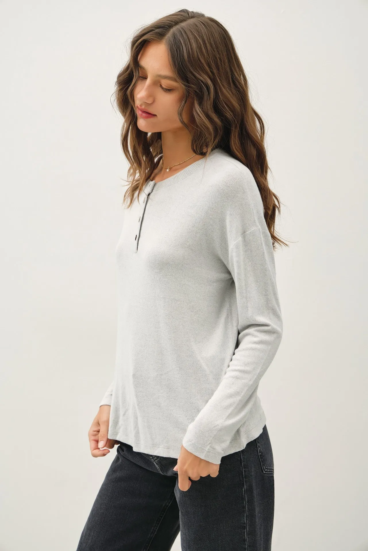 Light Grey Brushed Knit Henley Top sold by Pinkblush product image thumbnail 2