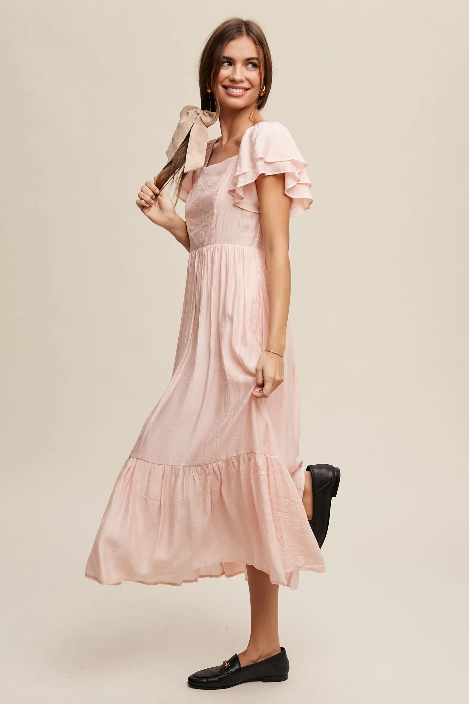 Light Pink Flutter Sleeve Midi Dress sold by Pinkblush product image thumbnail 3
