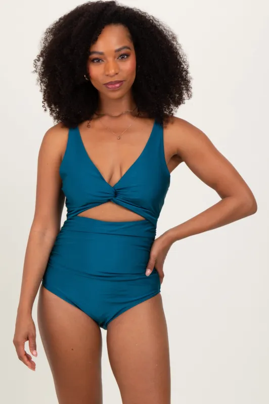 Teal Ruched Sides Front Cutout One Piece Swimsuit sold by Pinkblush