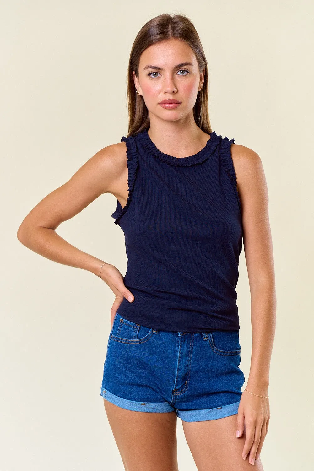 Navy Rib Knit Ruffle Trim Sleeveless Top sold by Pinkblush