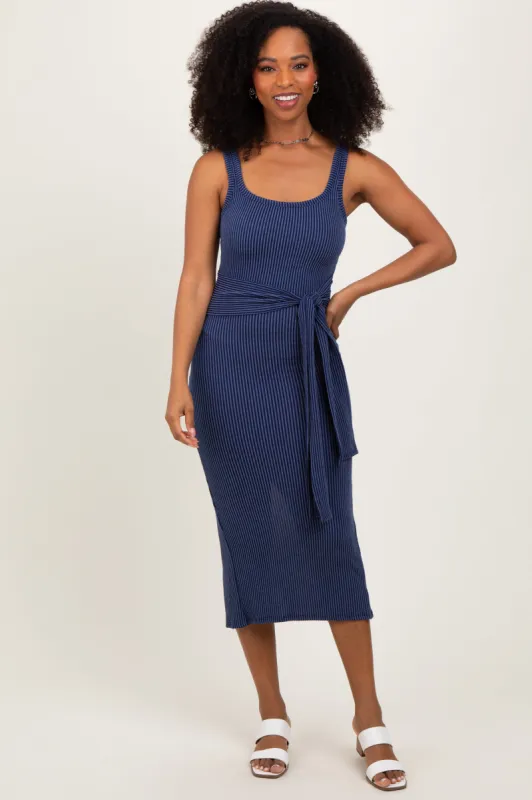 Navy Ribbed Front Tie Sleeveless Midi Dress sold by Pinkblush