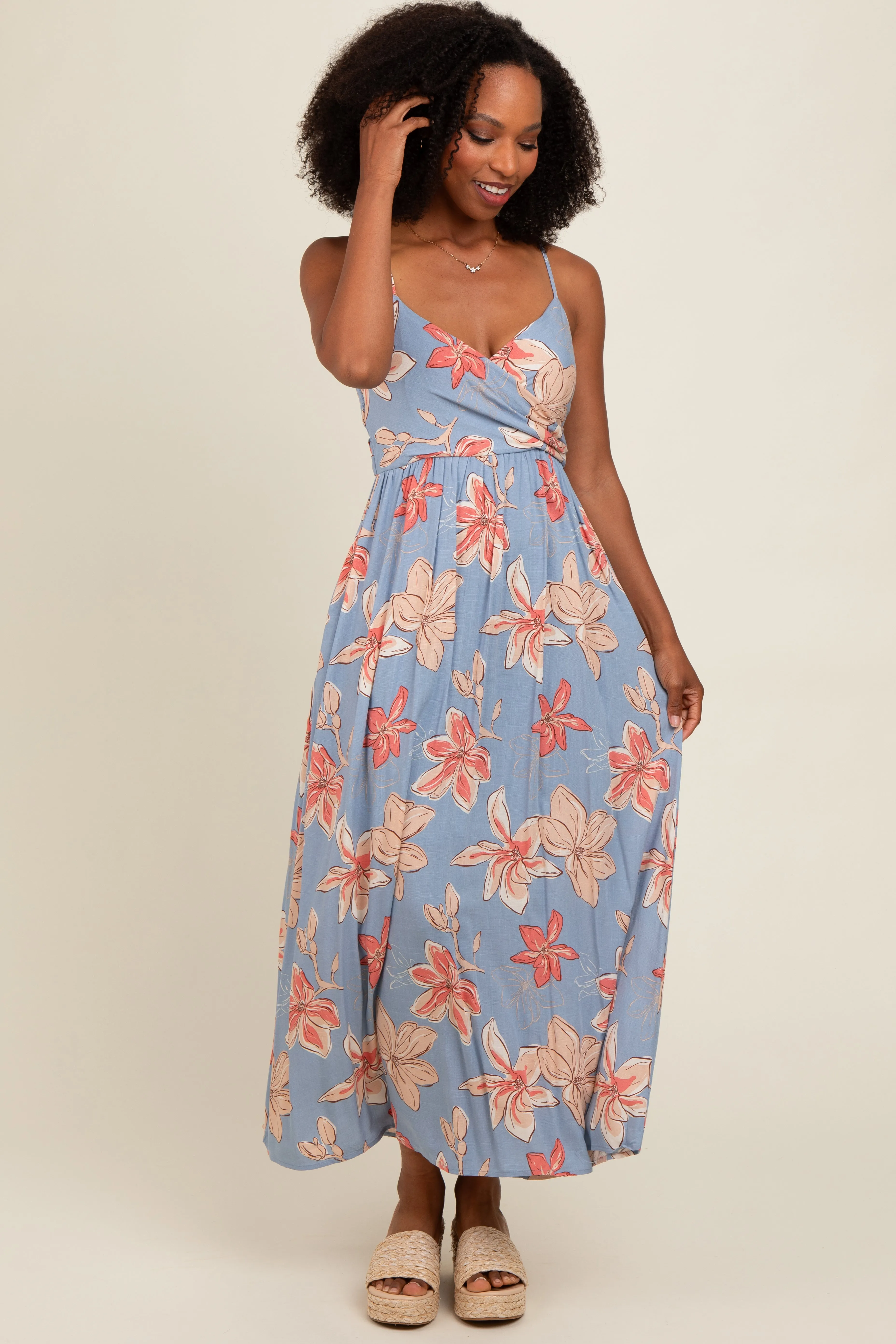 Blue Floral Crossover Neckline Maxi Dress sold by Pinkblush product image thumbnail 2