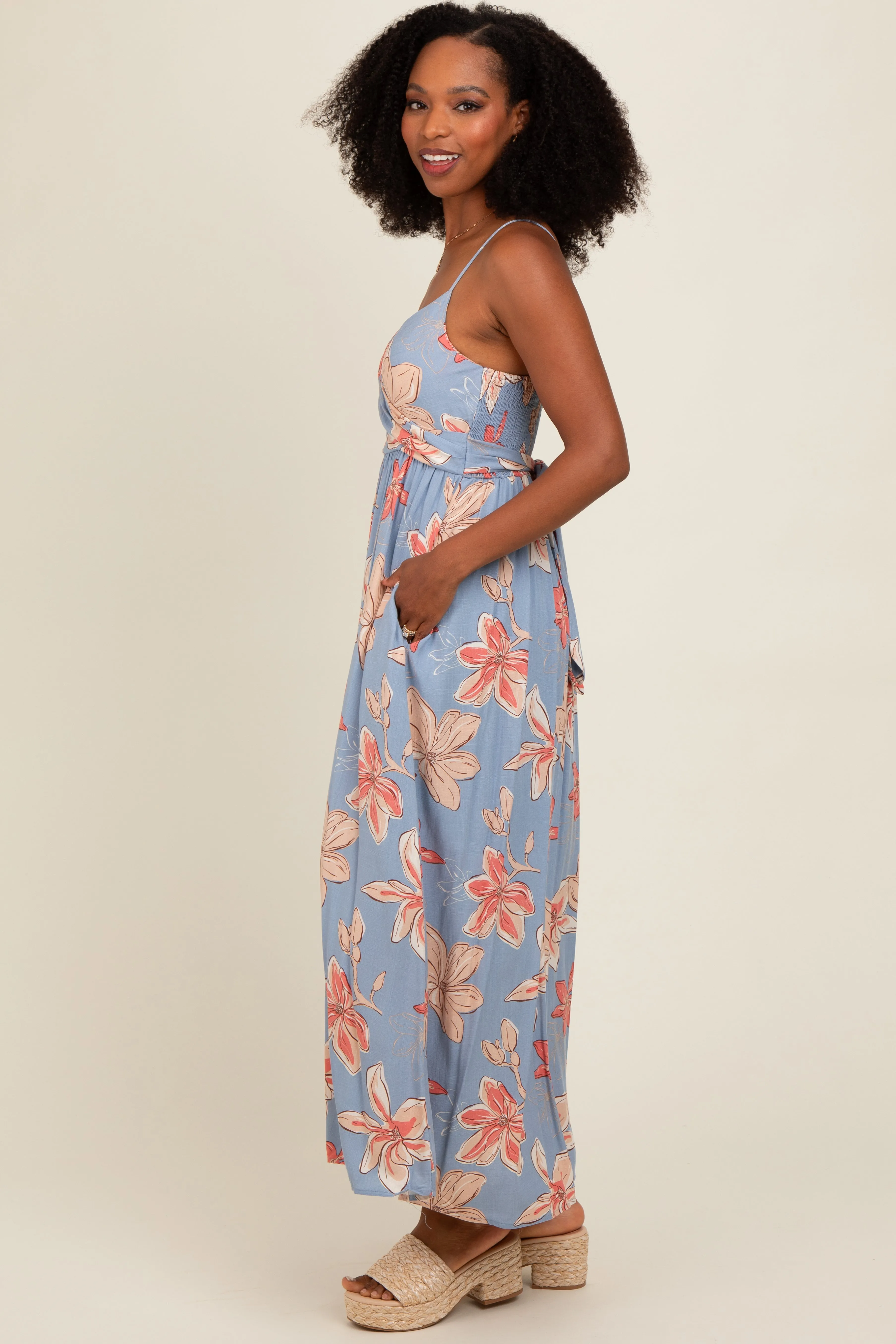 Blue Floral Crossover Neckline Maxi Dress sold by Pinkblush product image thumbnail 3