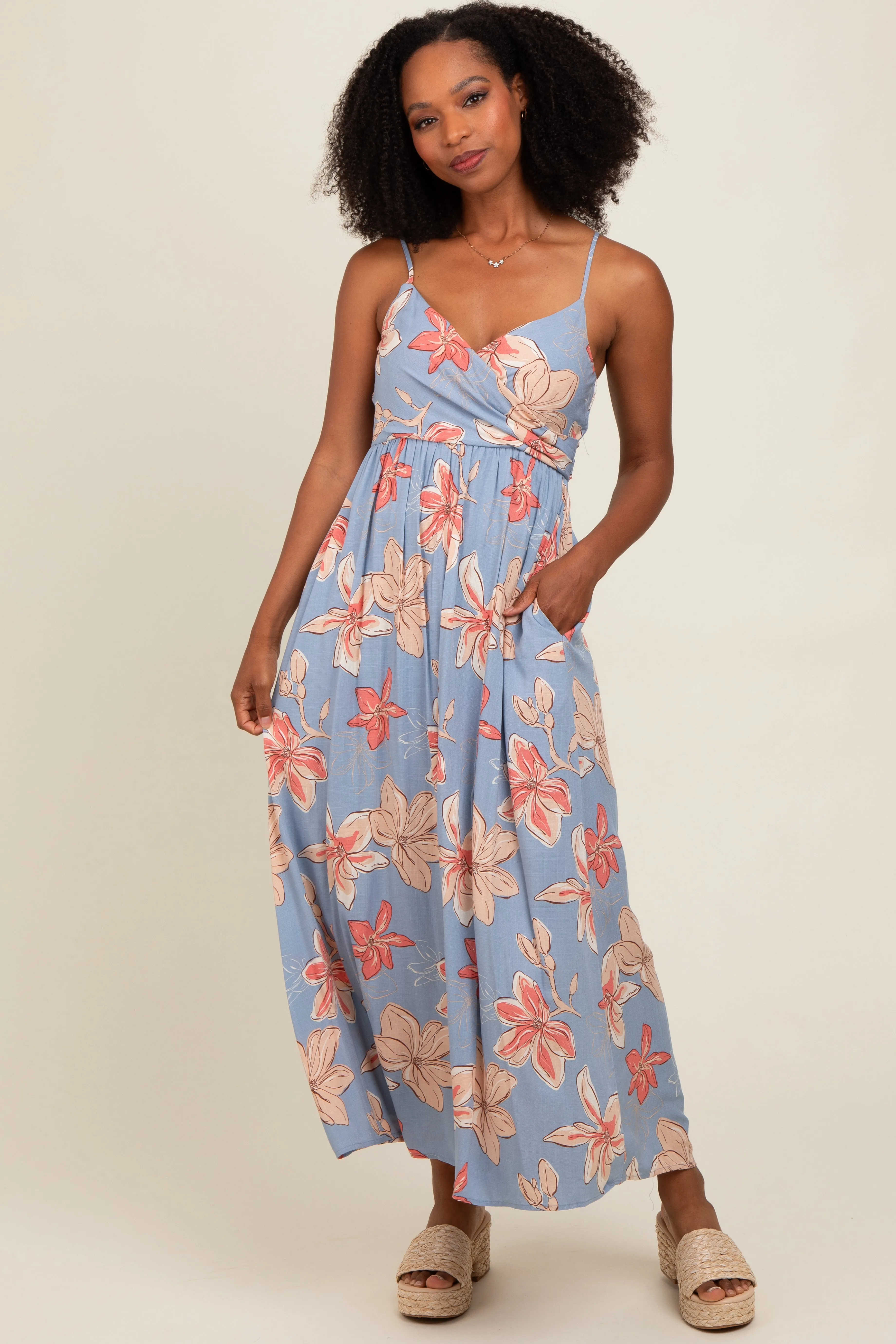 Blue Floral Crossover Neckline Maxi Dress sold by Pinkblush