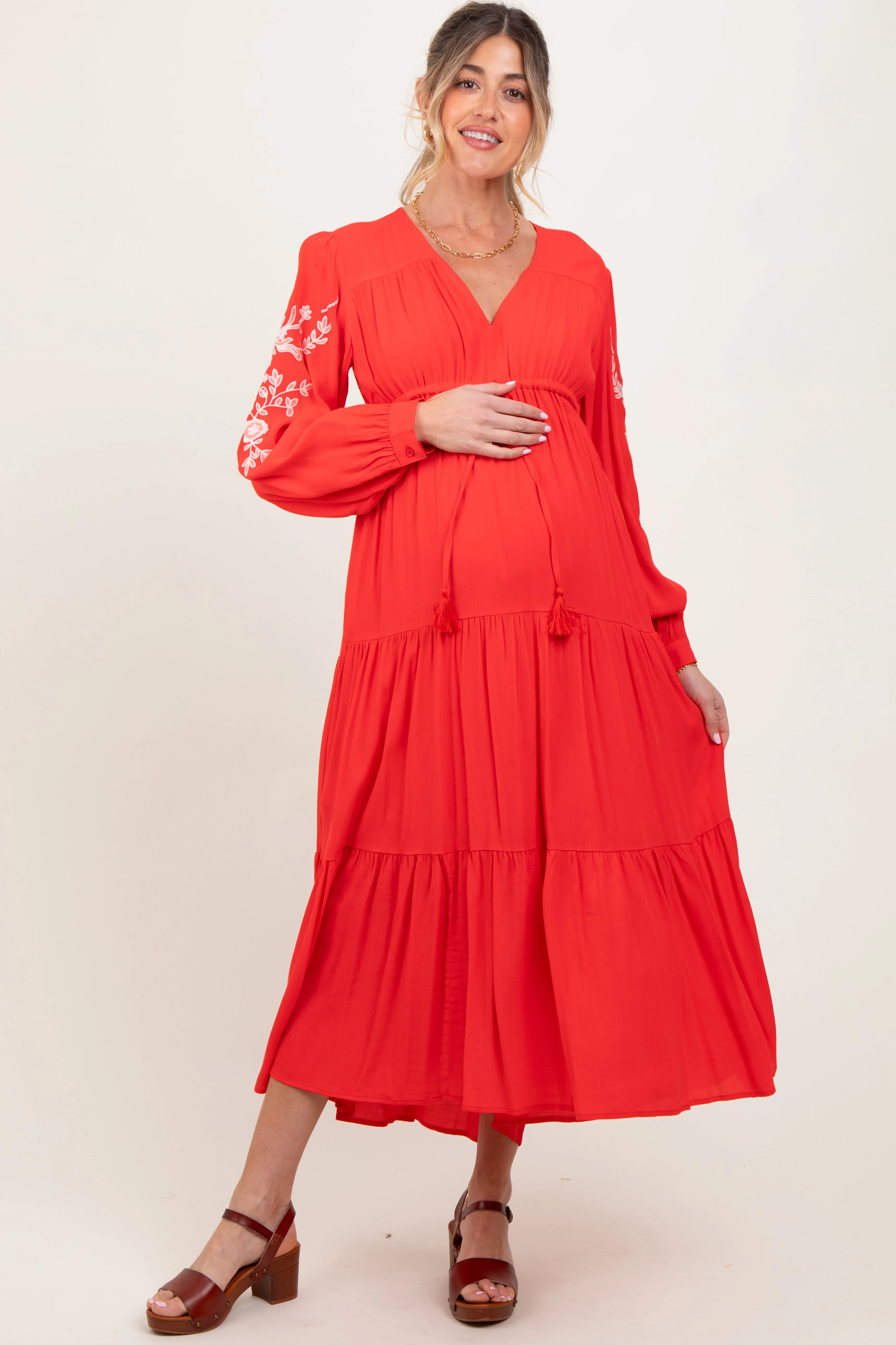Red Embroidered Long Sleeve Maternity Maxi Dress sold by Pinkblush