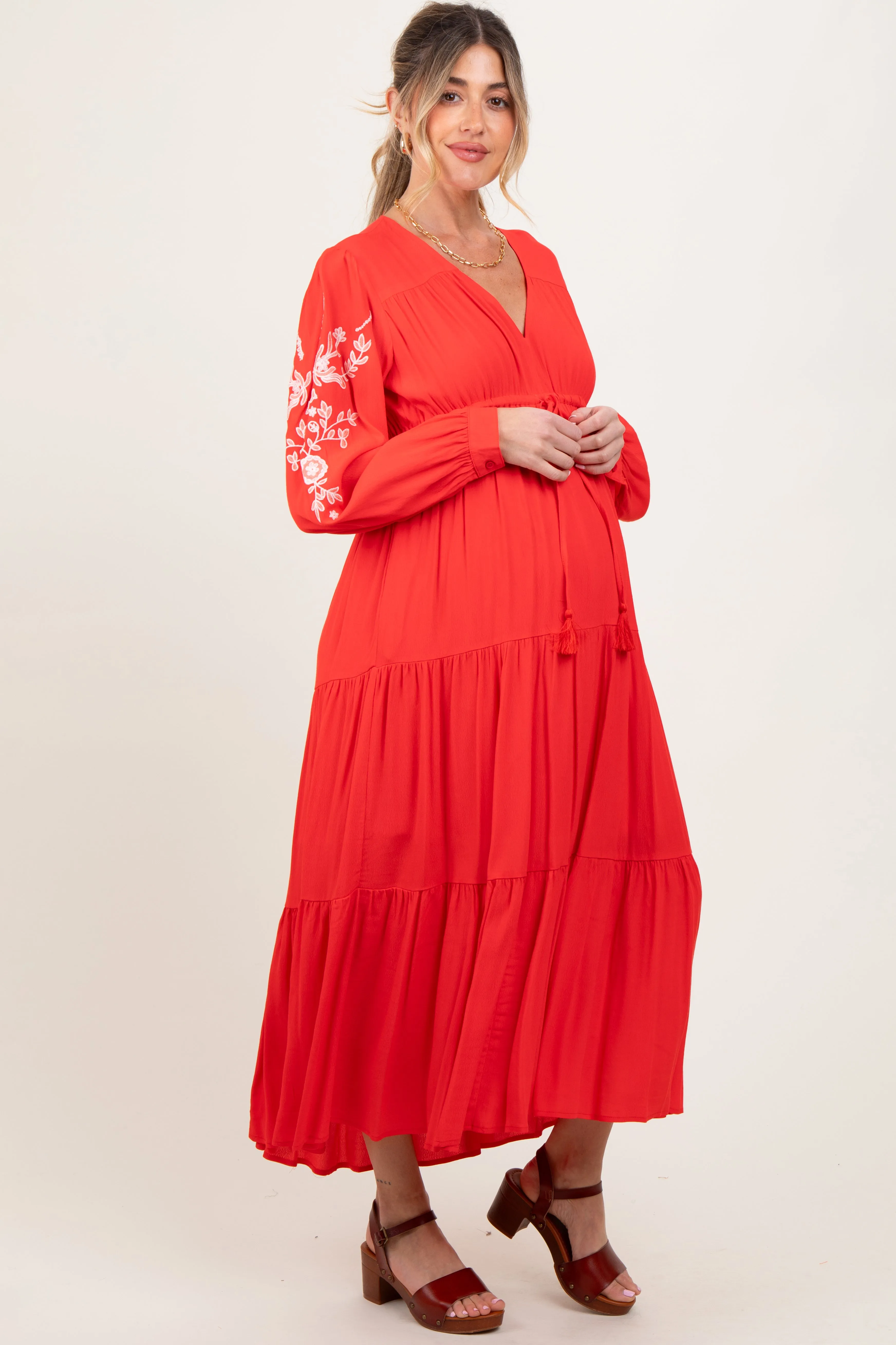 Red Embroidered Long Sleeve Maternity Maxi Dress sold by Pinkblush product image thumbnail 2