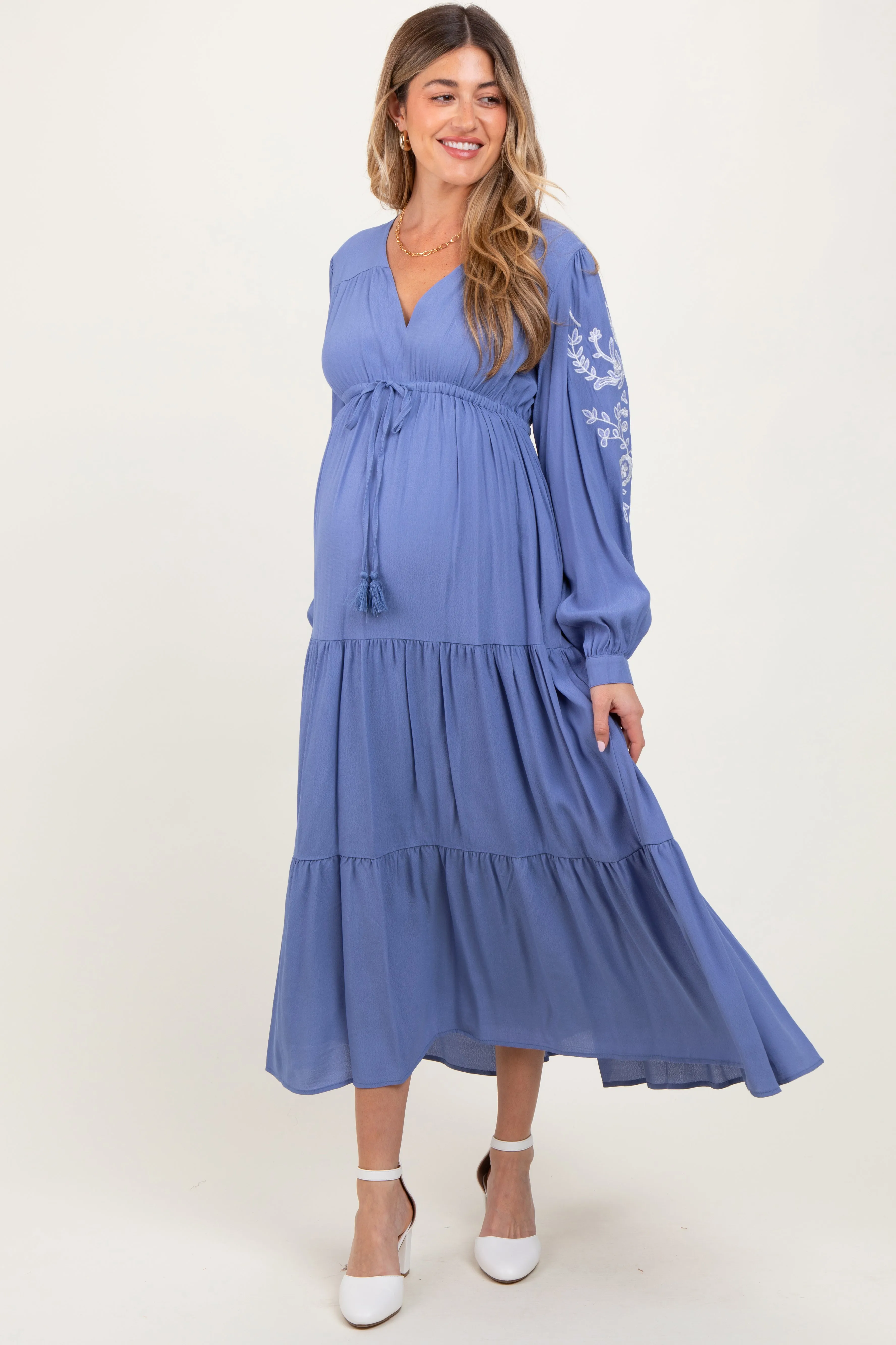 Blue Embroidered Long Sleeve Maternity Maxi Dress sold by Pinkblush product image thumbnail 2