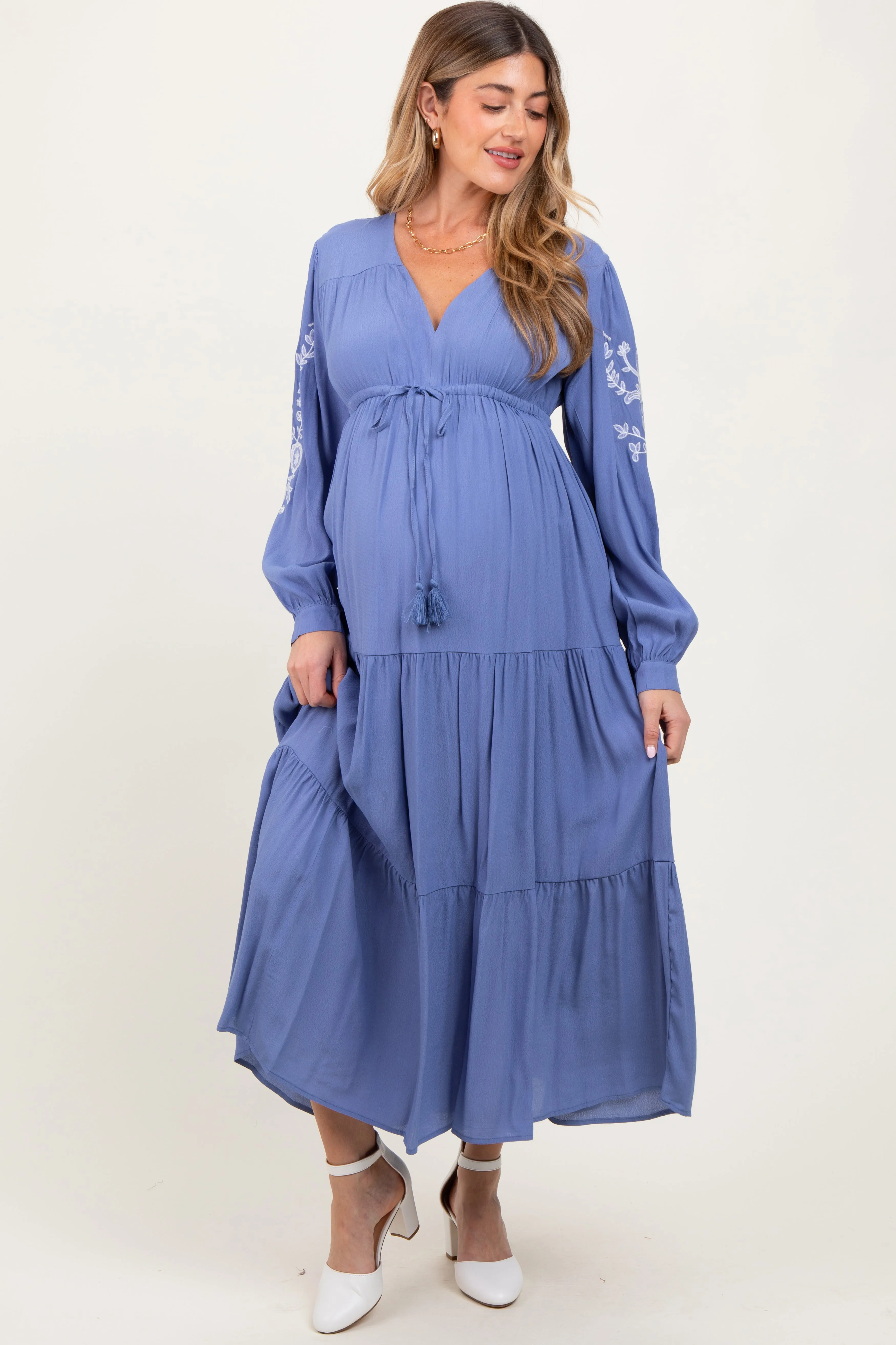 Blue Embroidered Long Sleeve Maternity Maxi Dress sold by Pinkblush