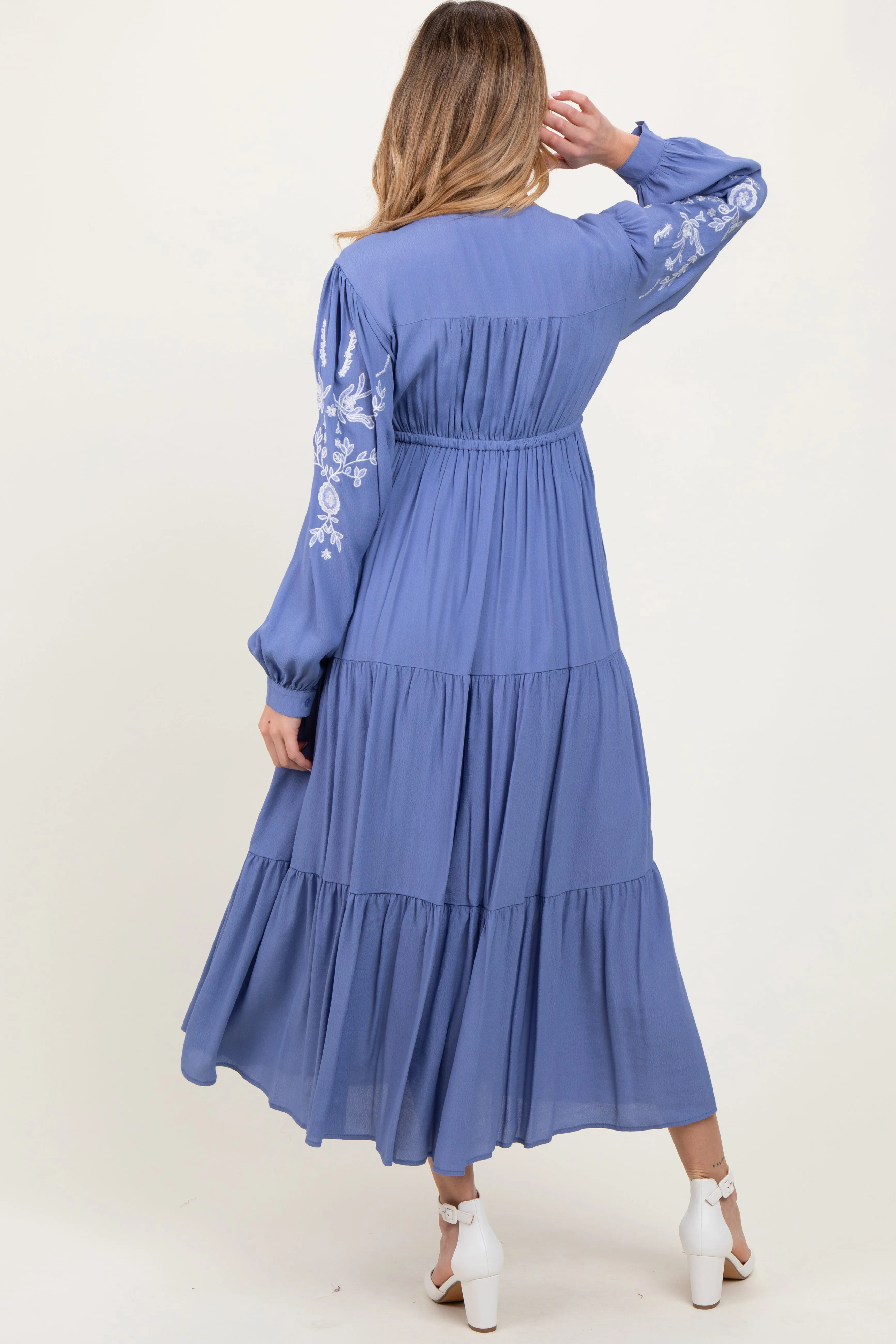 Blue Embroidered Long Sleeve Maternity Maxi Dress sold by Pinkblush product image thumbnail 4
