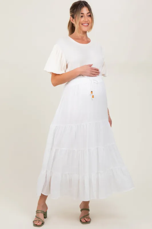 White Drawstring Tiered Maternity Maxi Skirt sold by Pinkblush