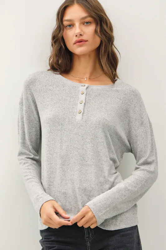 Heather Grey Brushed Knit Henley Top sold by Pinkblush
