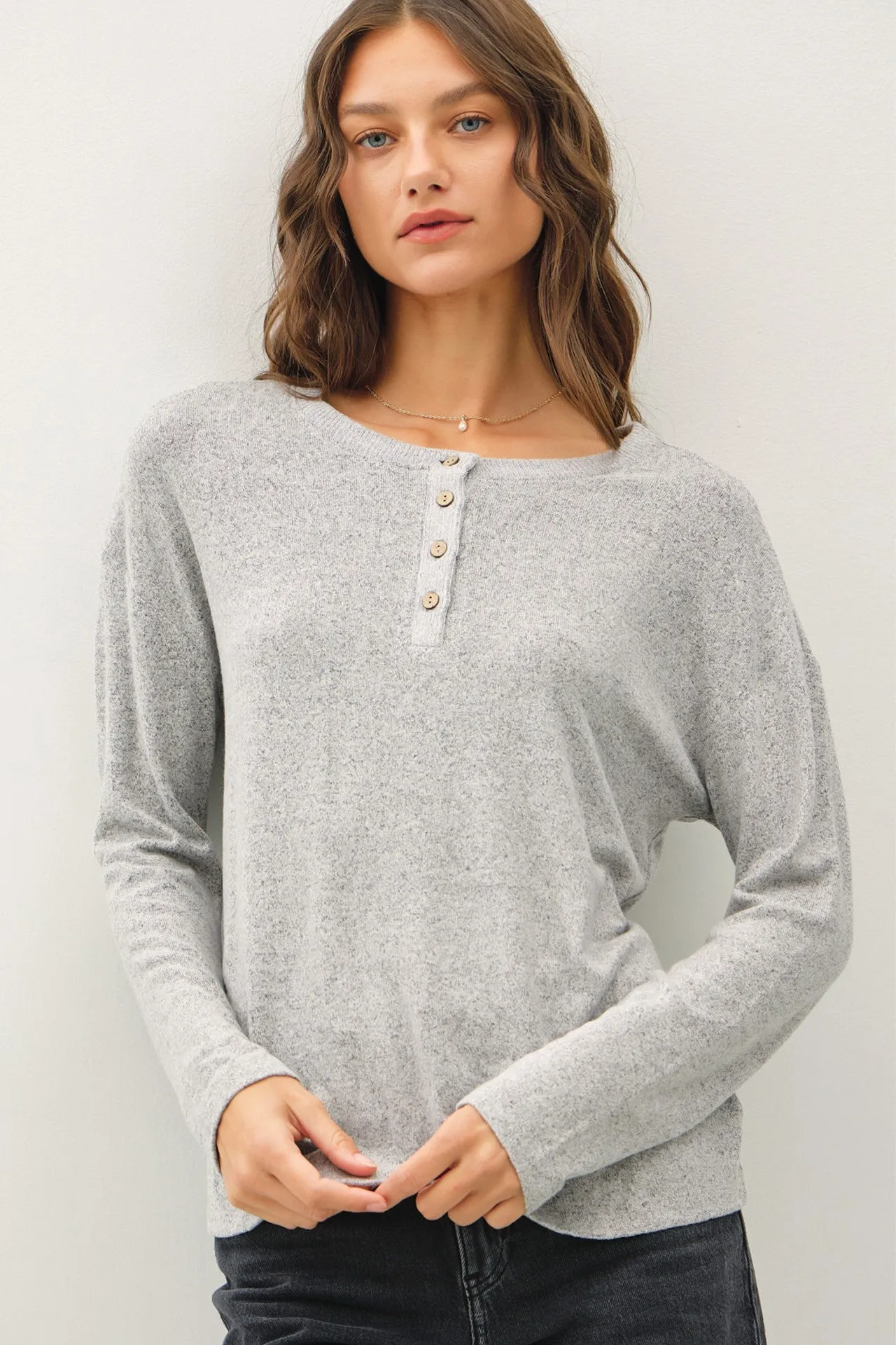 Heather Grey Brushed Knit Henley Top sold by Pinkblush