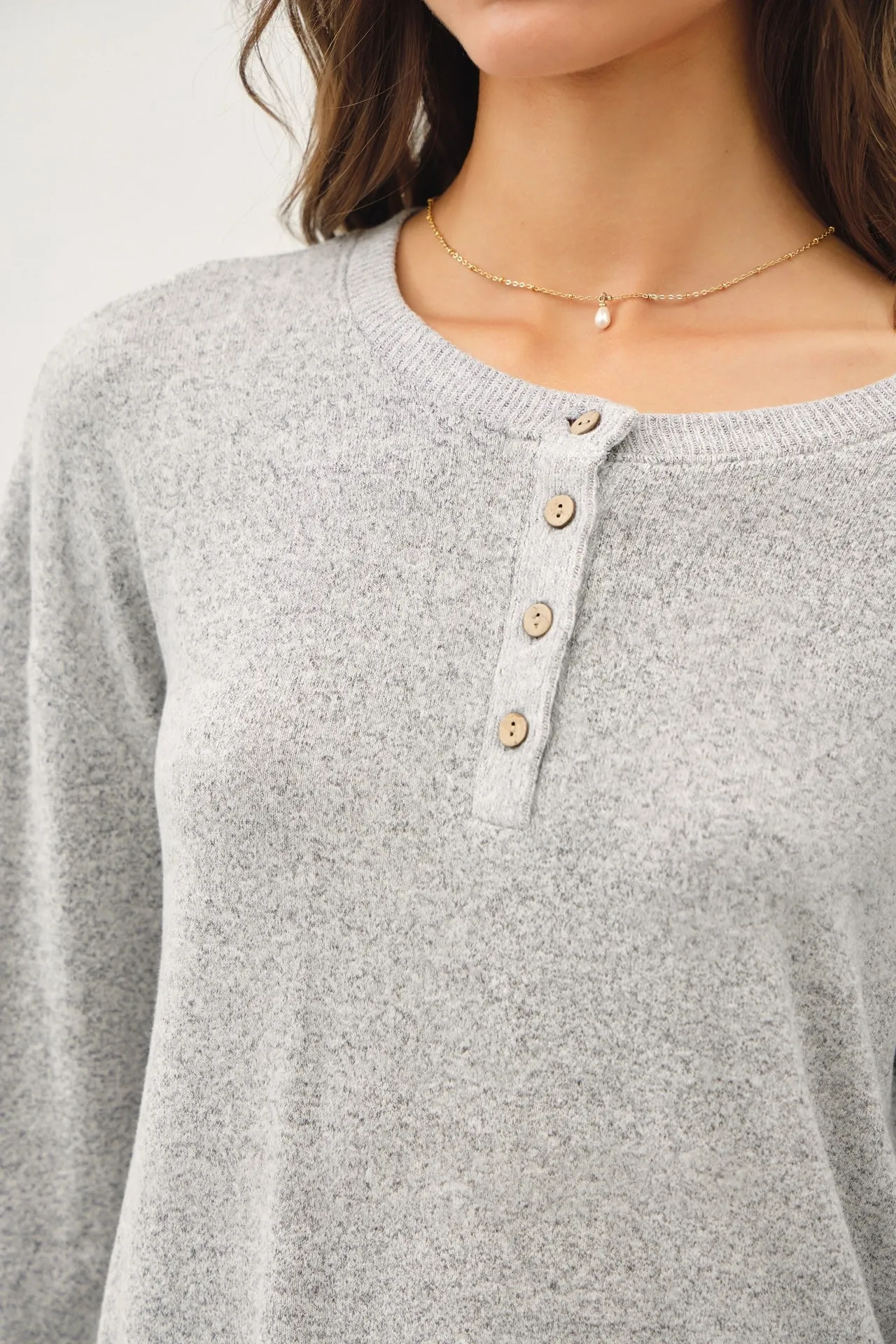 Heather Grey Brushed Knit Henley Top sold by Pinkblush product image thumbnail 5