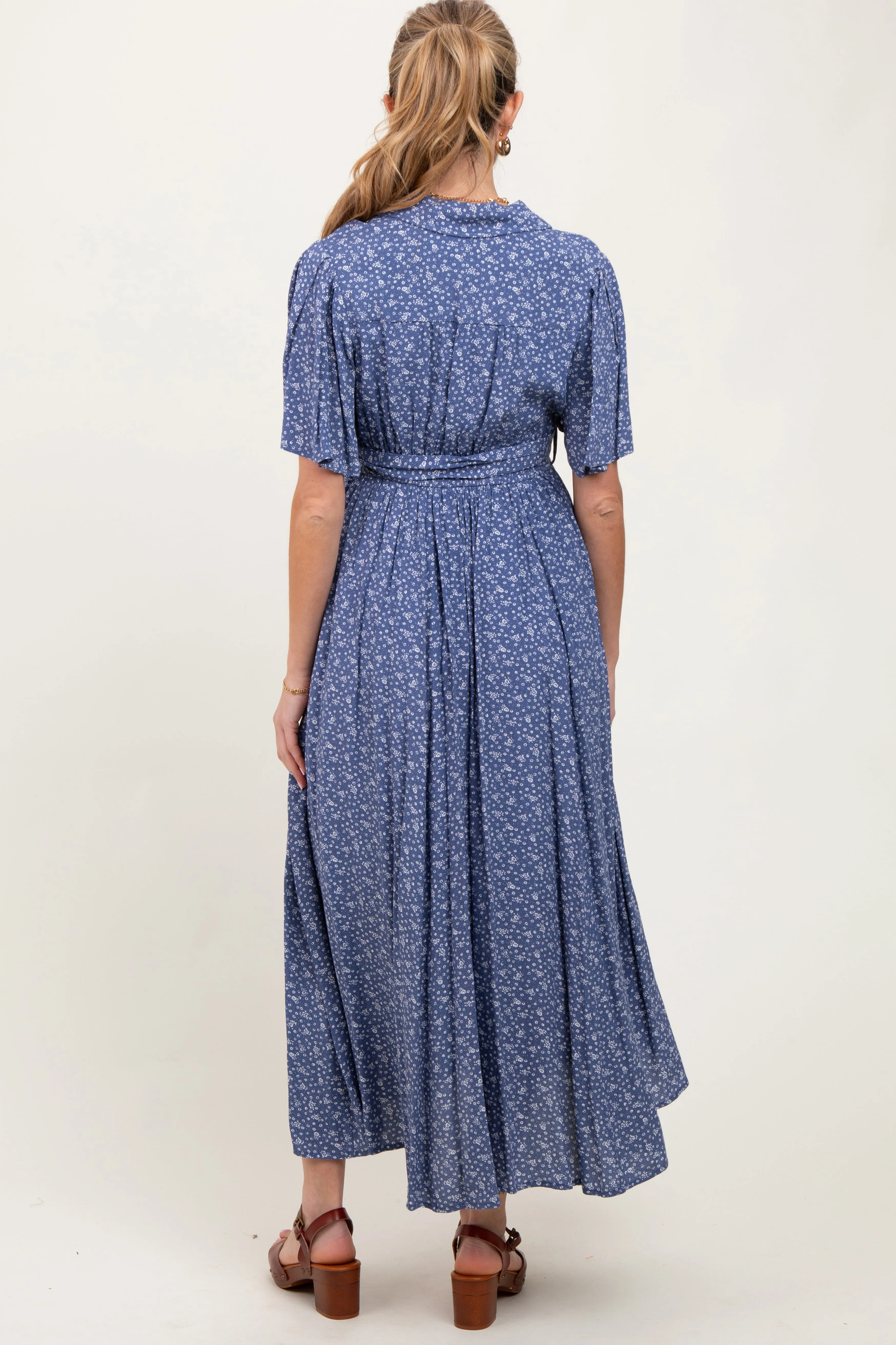 Blue Flutter Sleeve Button Down Maternity Maxi Dress sold by Pinkblush product image thumbnail 3