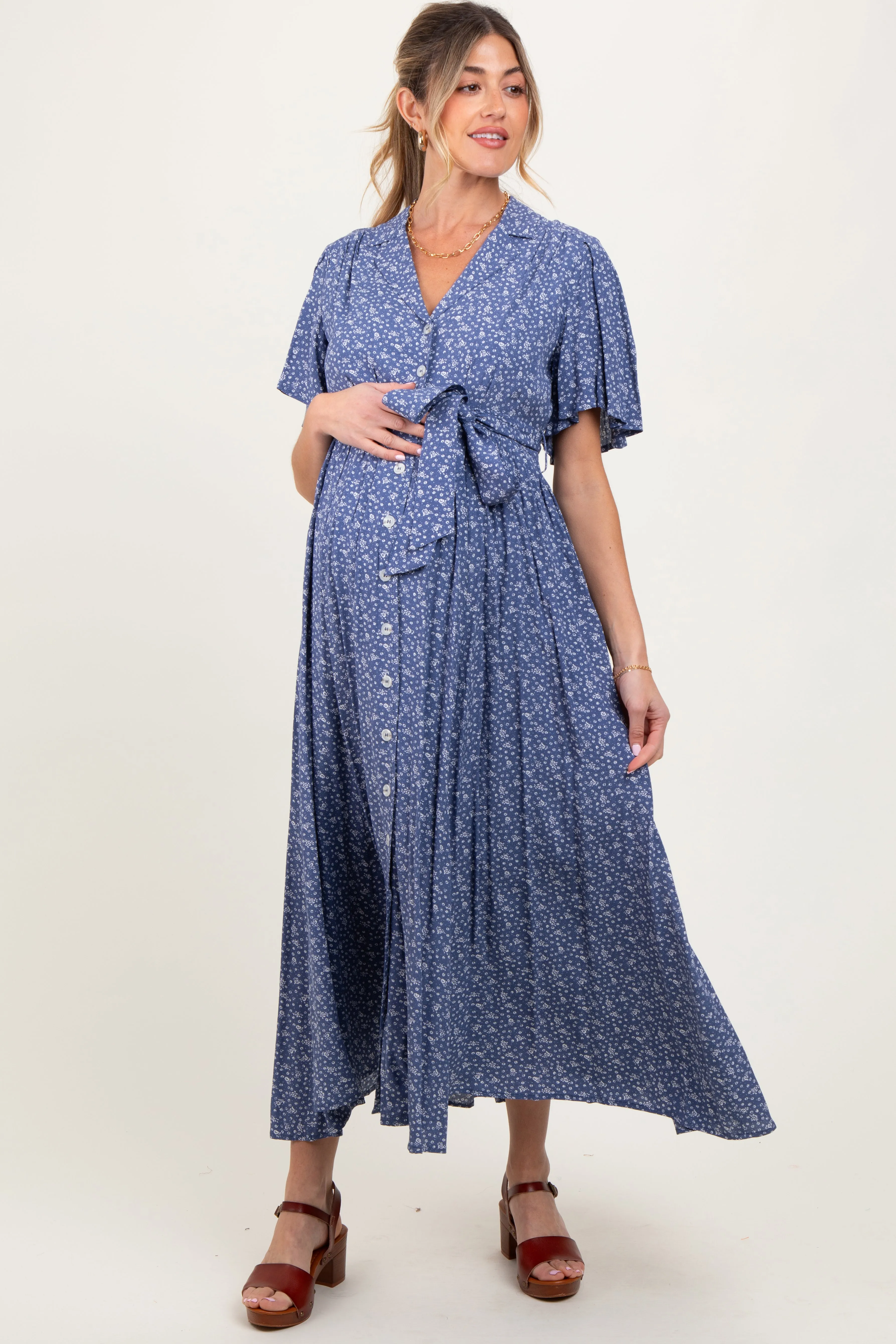 Blue Flutter Sleeve Button Down Maternity Maxi Dress sold by Pinkblush