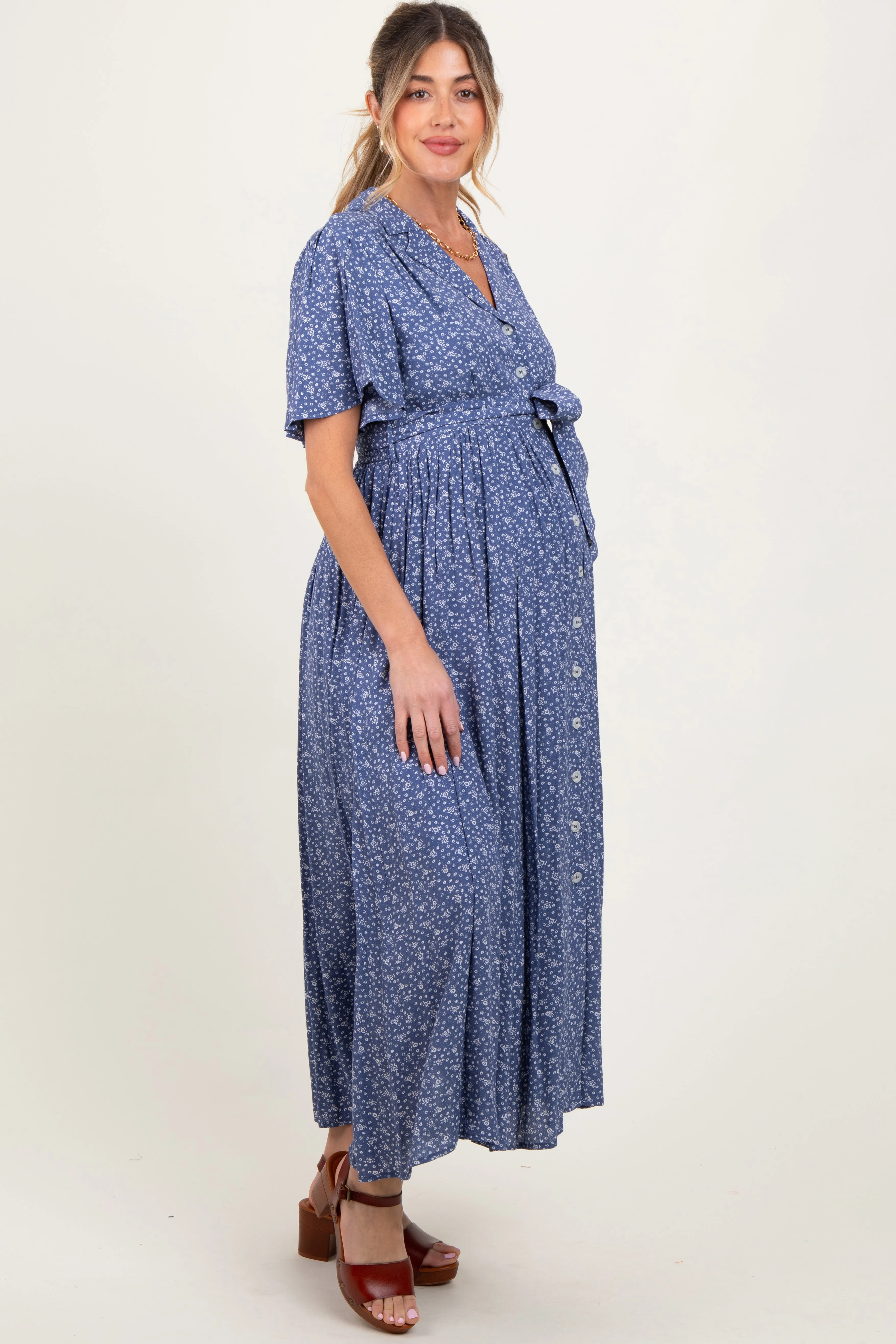 Blue Flutter Sleeve Button Down Maternity Maxi Dress sold by Pinkblush product image thumbnail 2