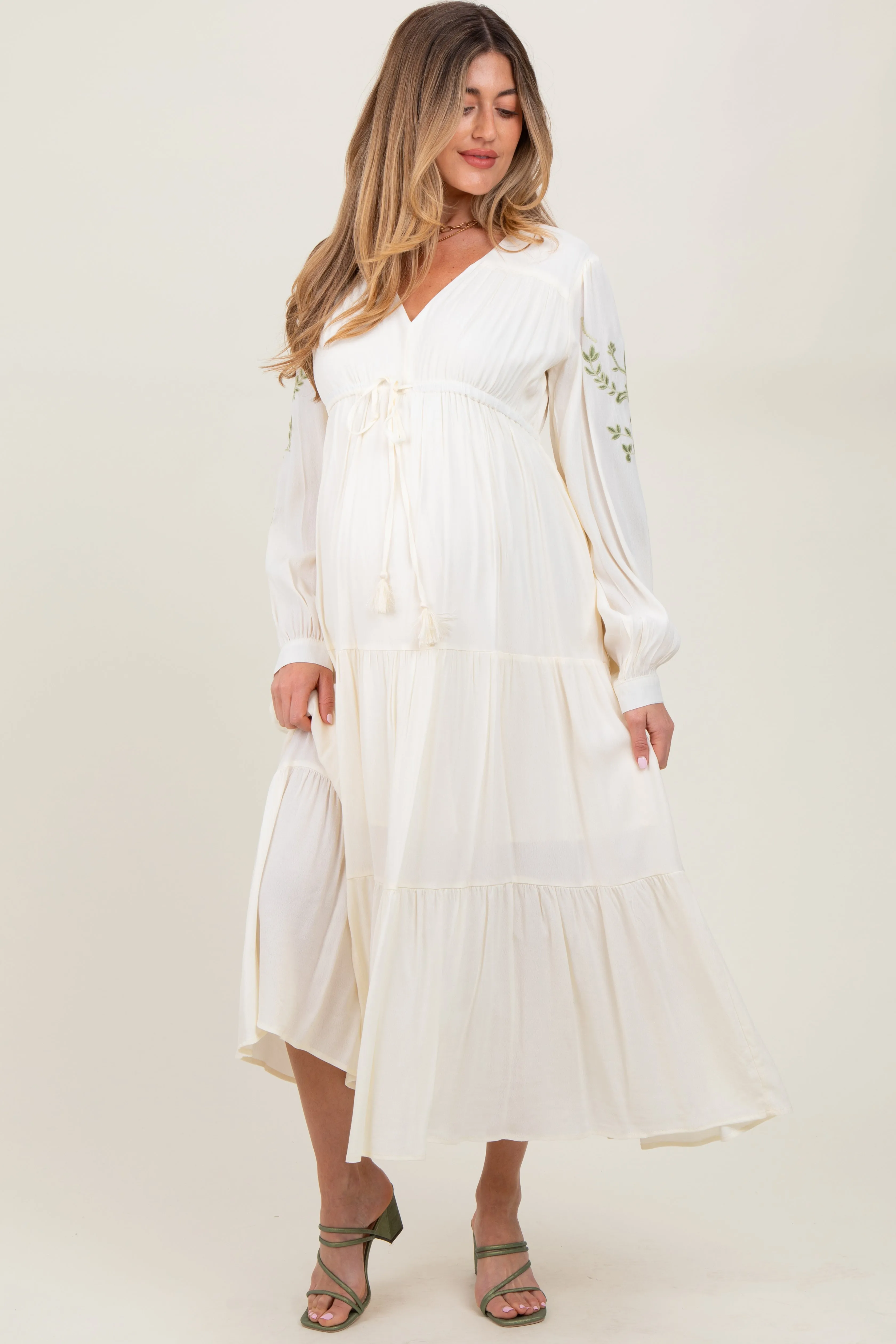 Cream Embroidered Long Sleeve Maternity Maxi Dress sold by Pinkblush product image thumbnail 2