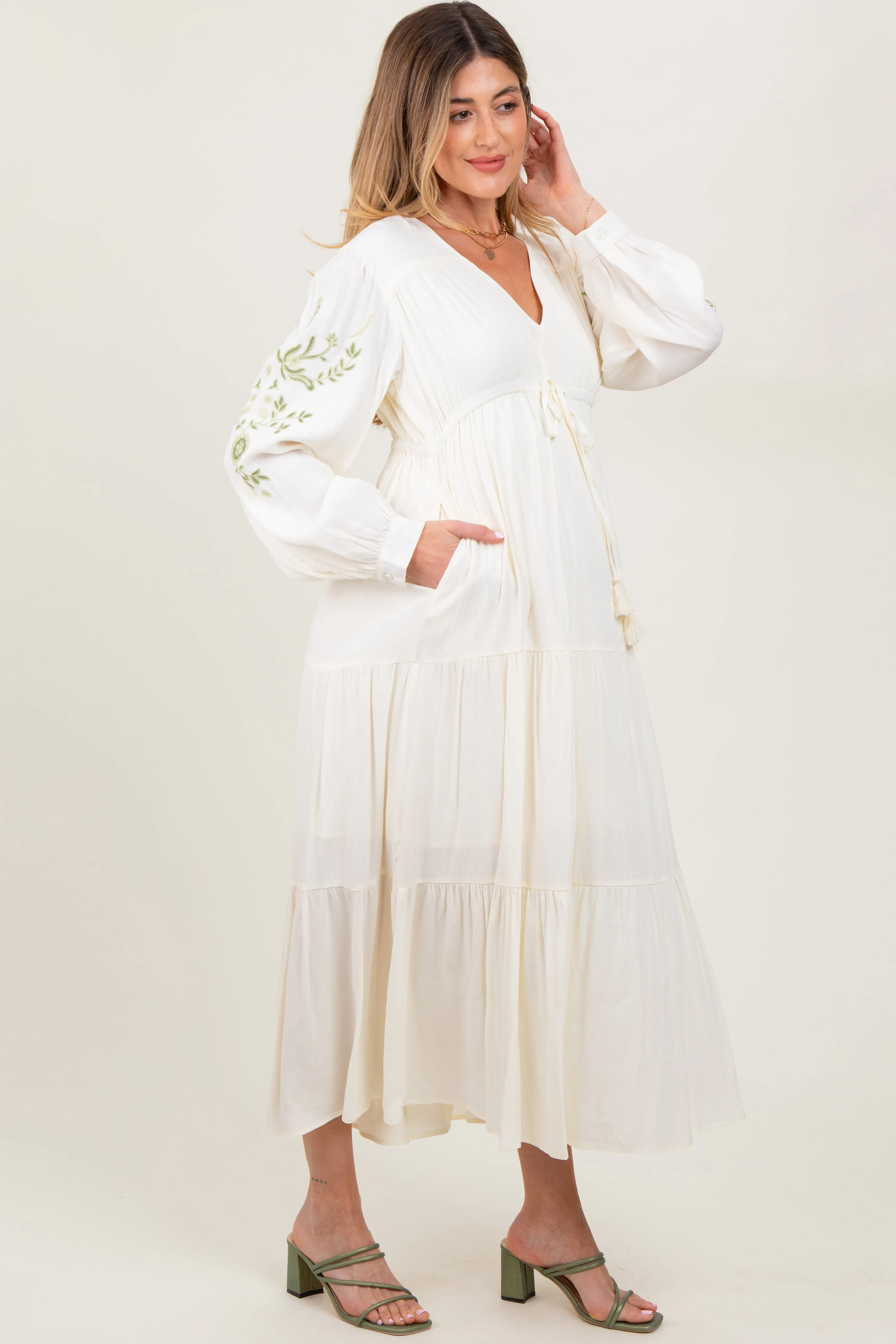 Cream Embroidered Long Sleeve Maternity Maxi Dress sold by Pinkblush product image thumbnail 3