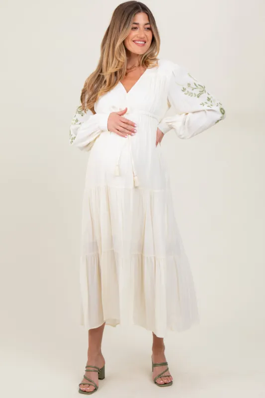Cream Embroidered Long Sleeve Maternity Maxi Dress sold by Pinkblush