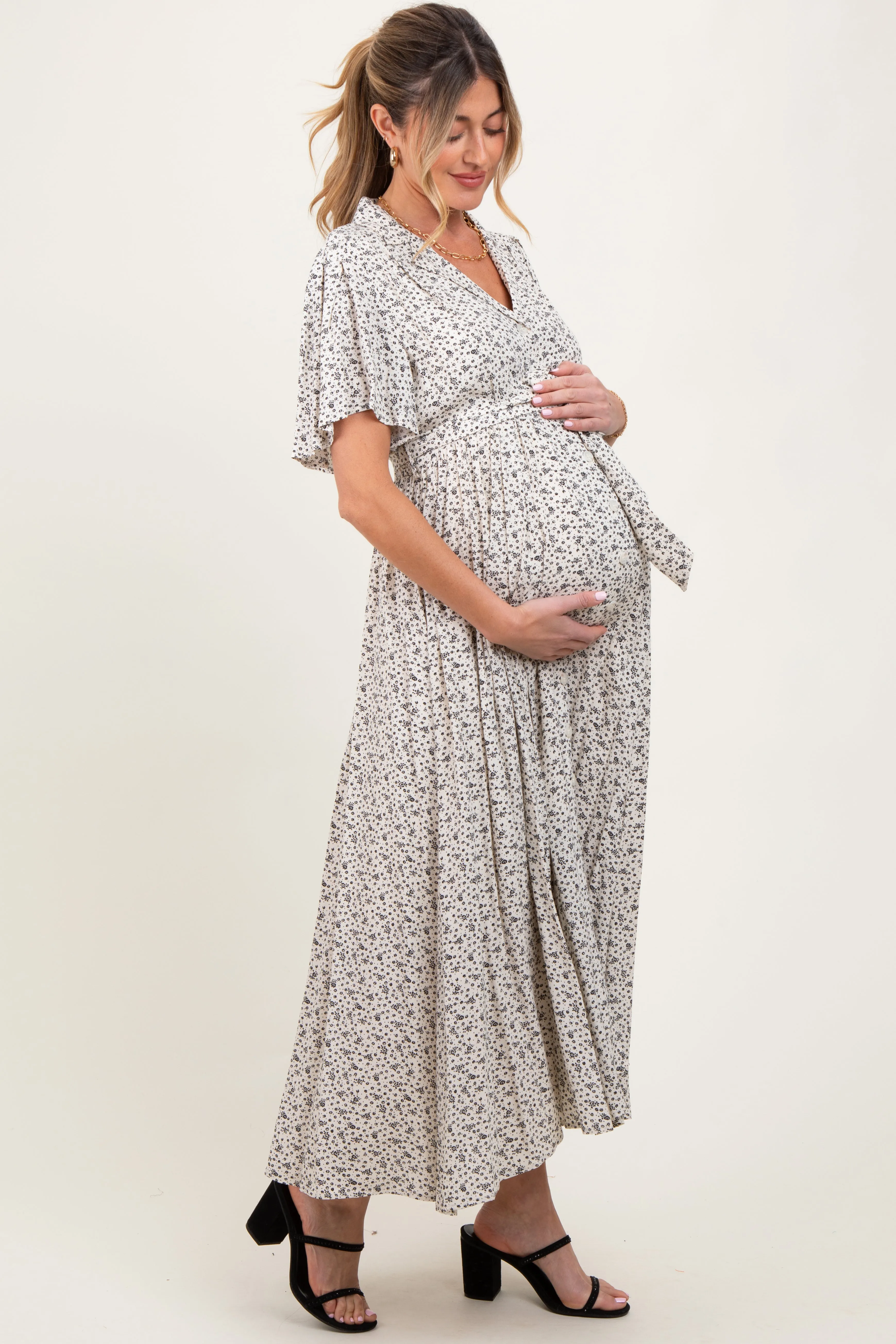 Cream Flutter Sleeve Button Down Maternity Maxi Dress sold by Pinkblush product image thumbnail 2