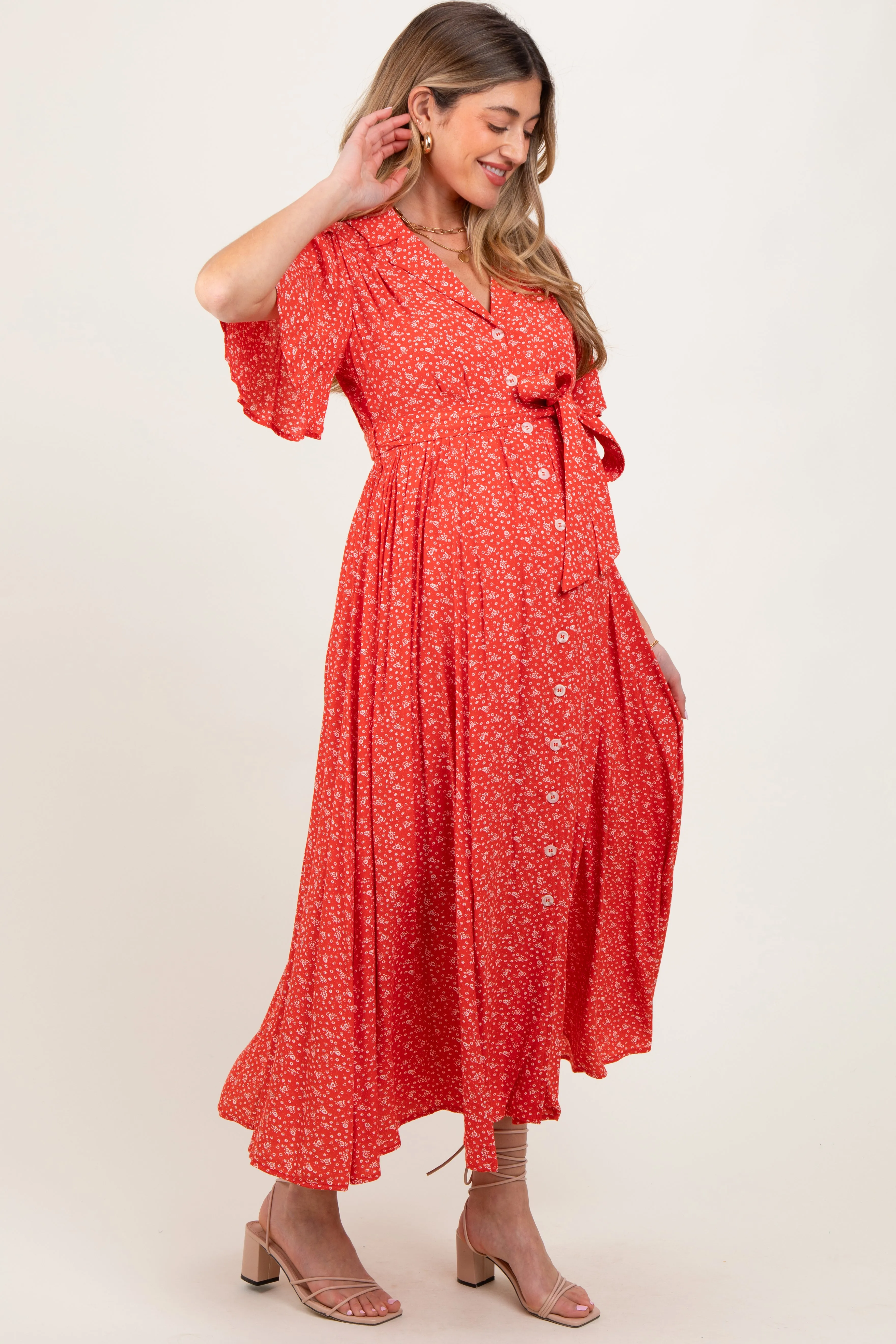 Red Flutter Sleeve Button Down Maternity Maxi Dress sold by Pinkblush product image thumbnail 3