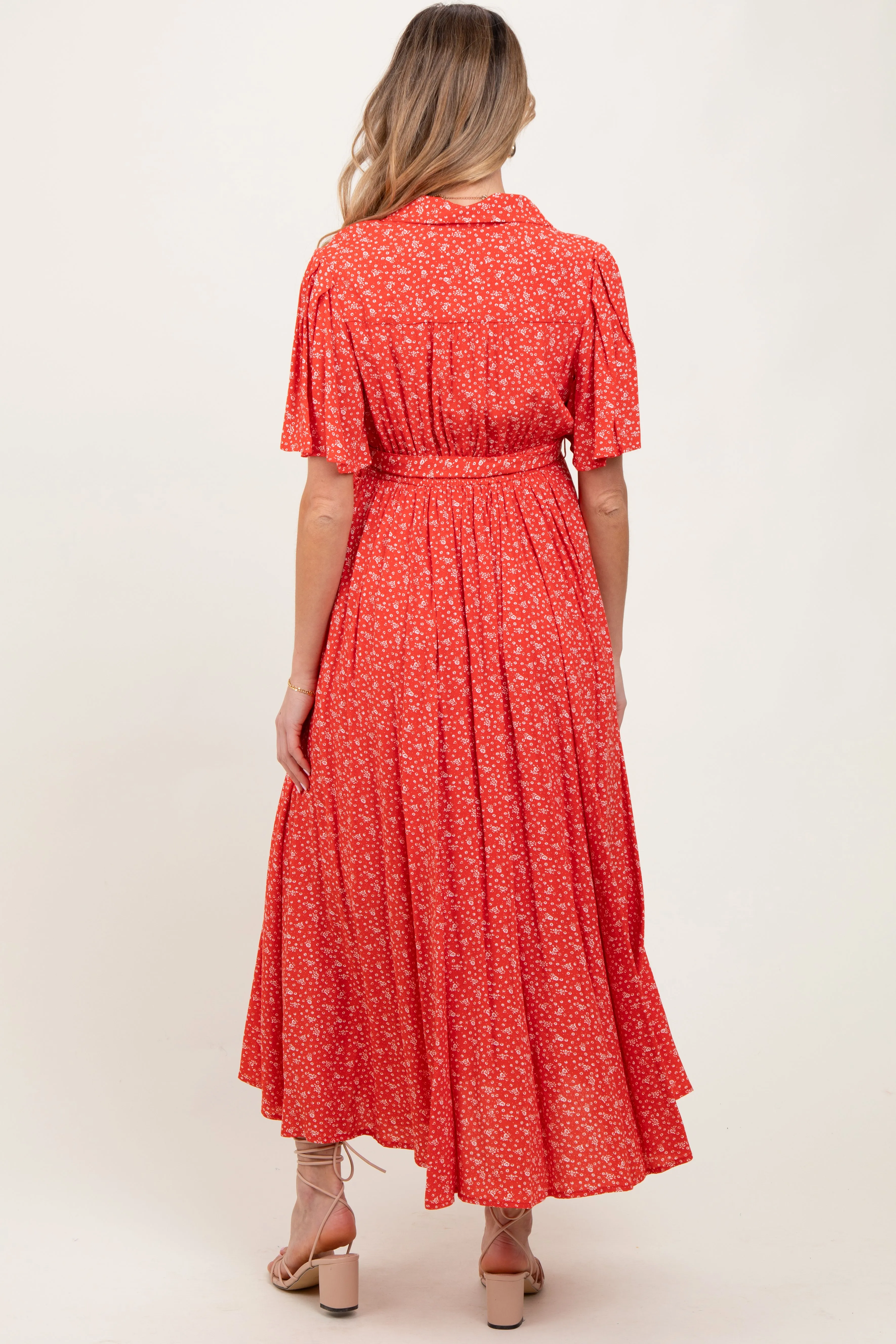 Red Flutter Sleeve Button Down Maternity Maxi Dress sold by Pinkblush product image thumbnail 4