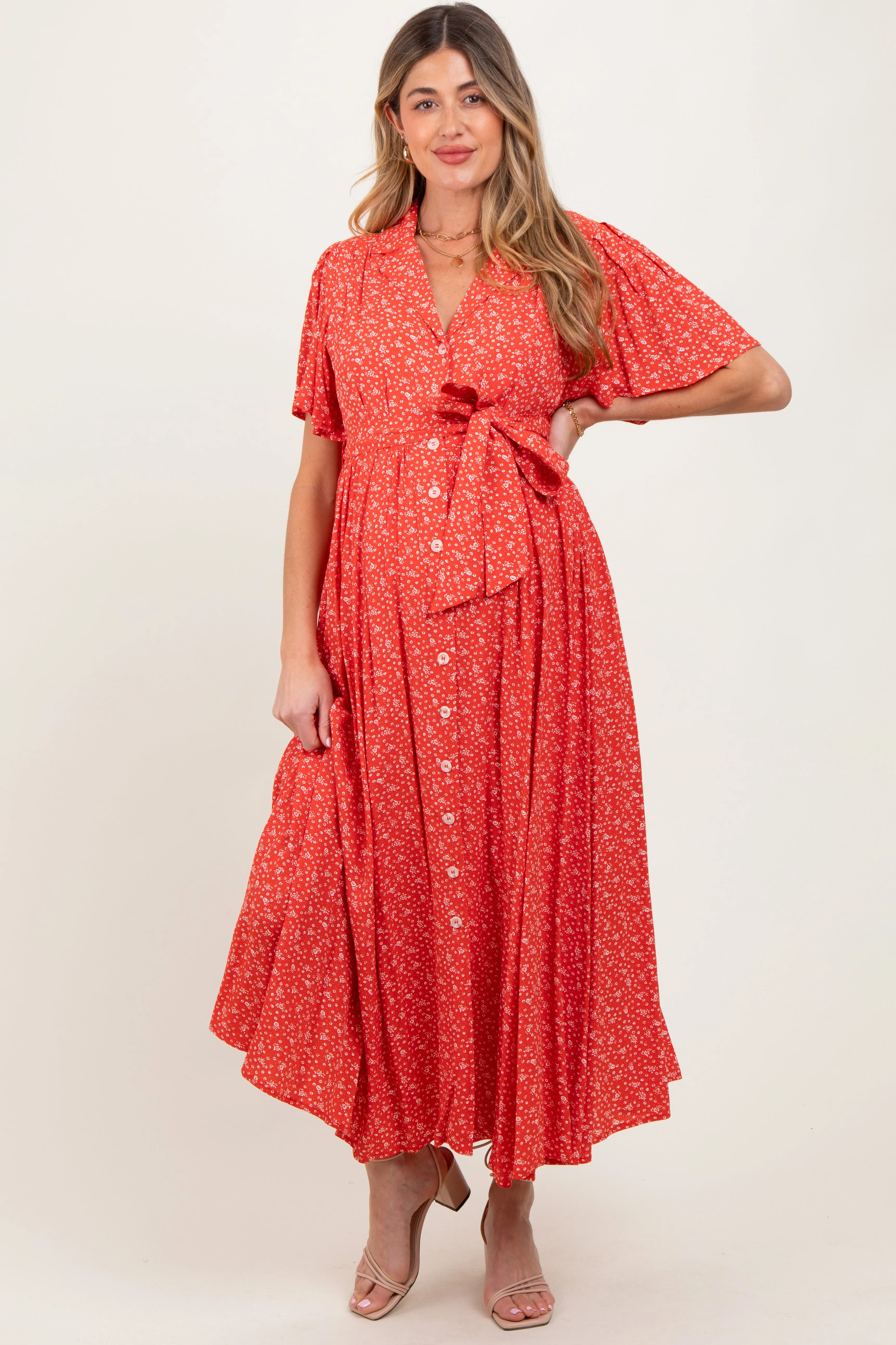 Red Flutter Sleeve Button Down Maternity Maxi Dress sold by Pinkblush product image thumbnail 2