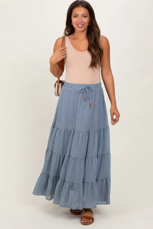 Blue Drawstring Tiered Maternity Maxi Skirt sold by Pinkblush