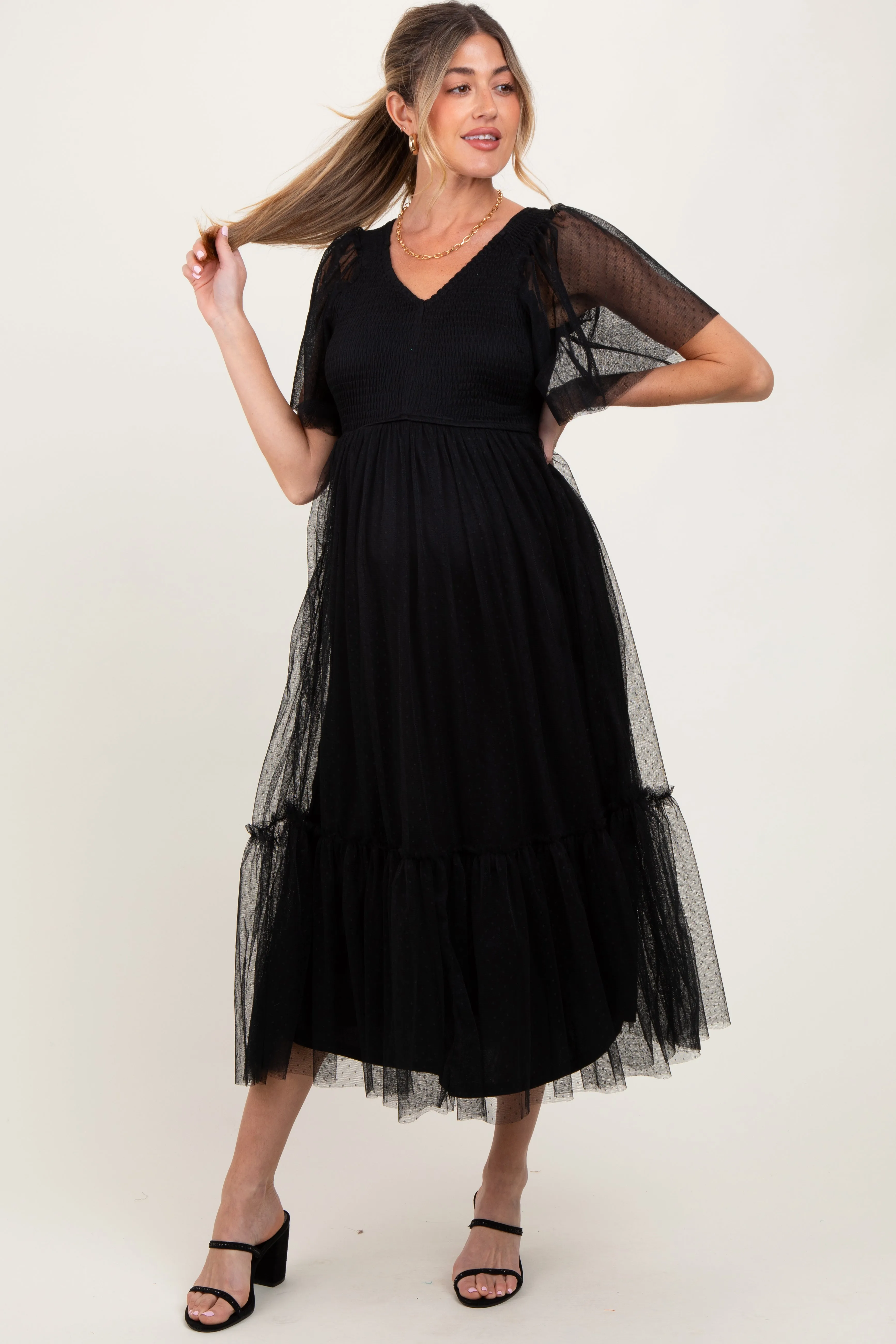 Black Dotted Tulle Smocked Maternity Midi Dress sold by Pinkblush